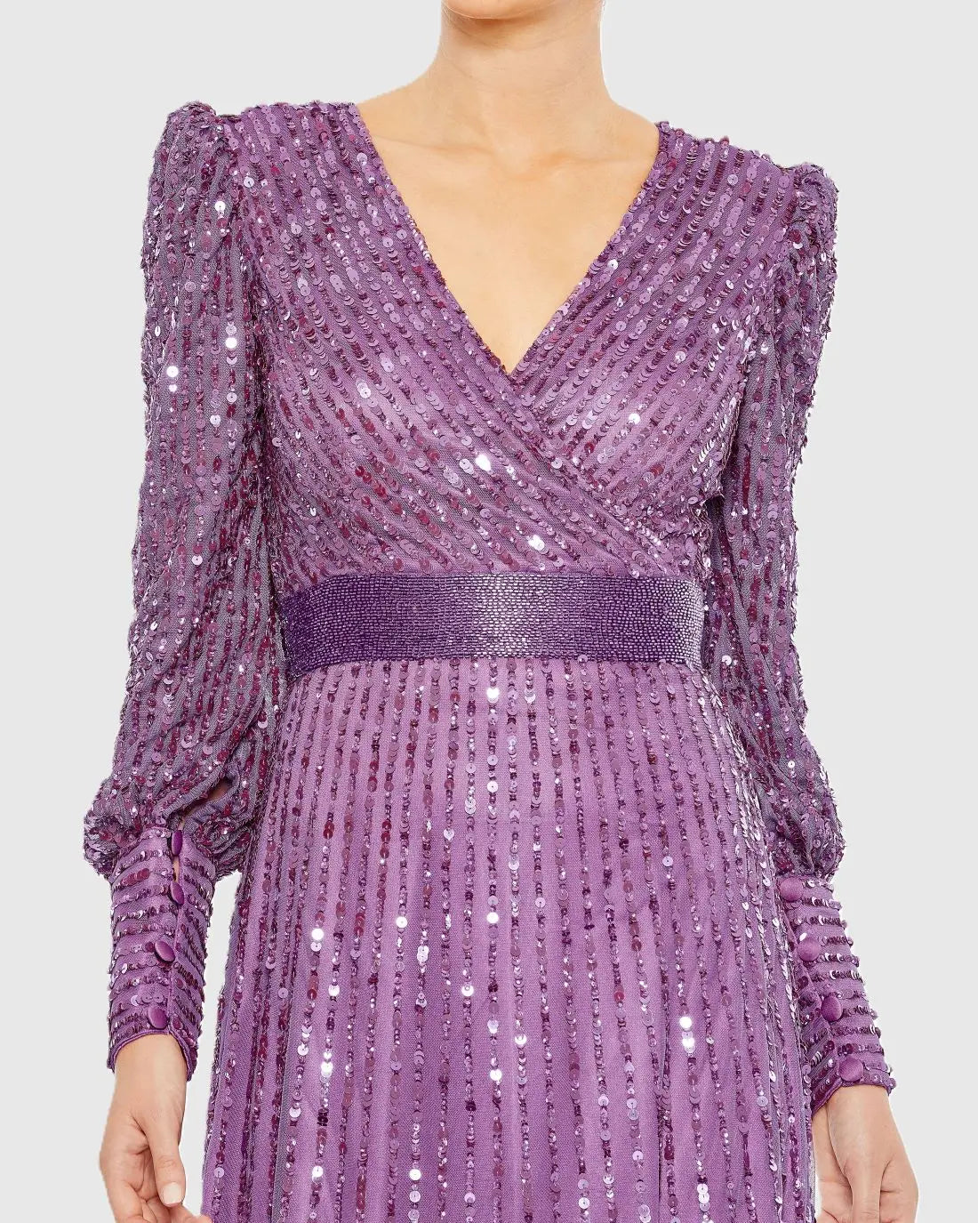 Purple Sequined Wrap Over Bishop Sleeve Gown-Myartka