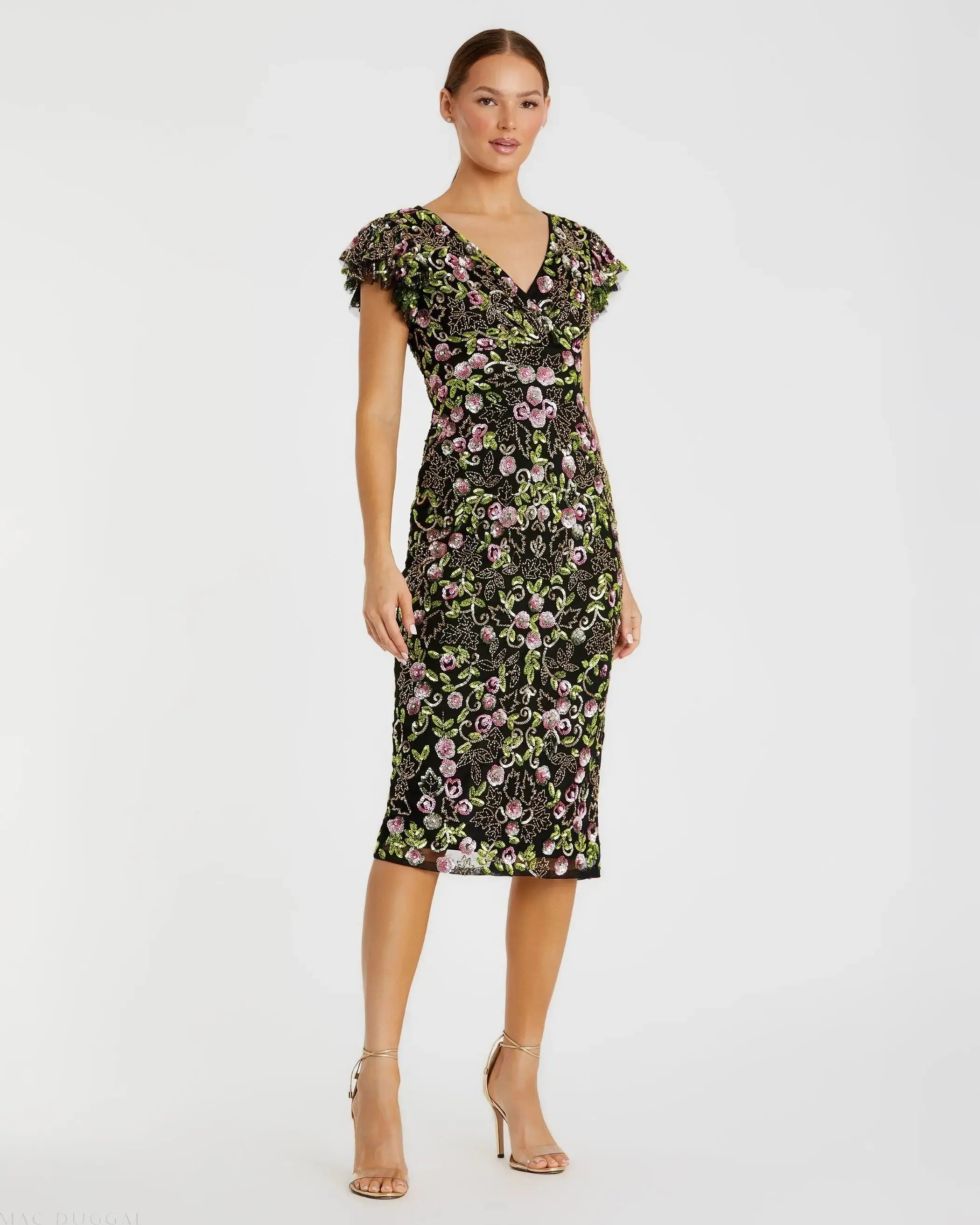 Black Floral Embellished Flutter Cap Sleeve Dress-Myartka