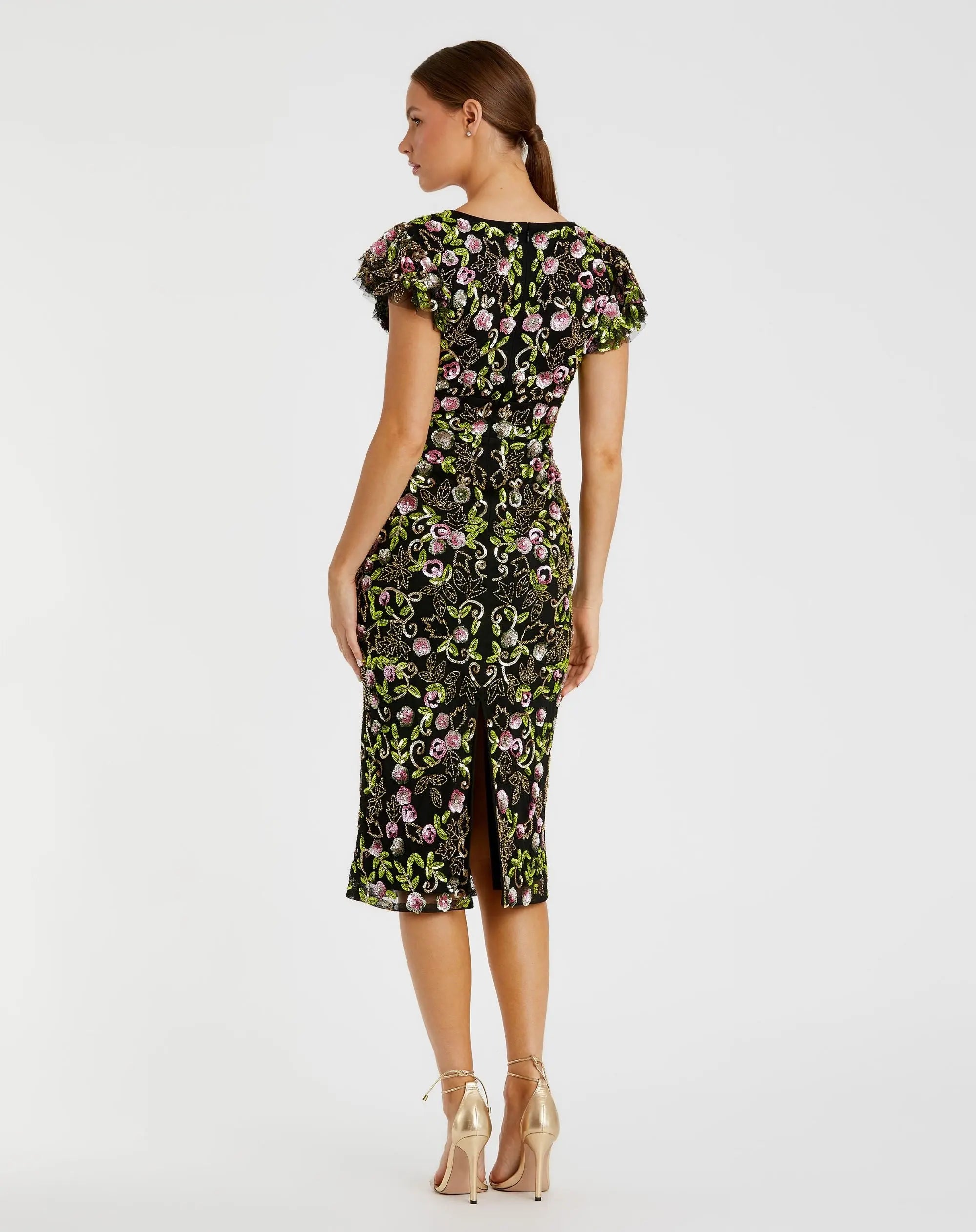 Black Floral Embellished Flutter Cap Sleeve Dress-Myartka