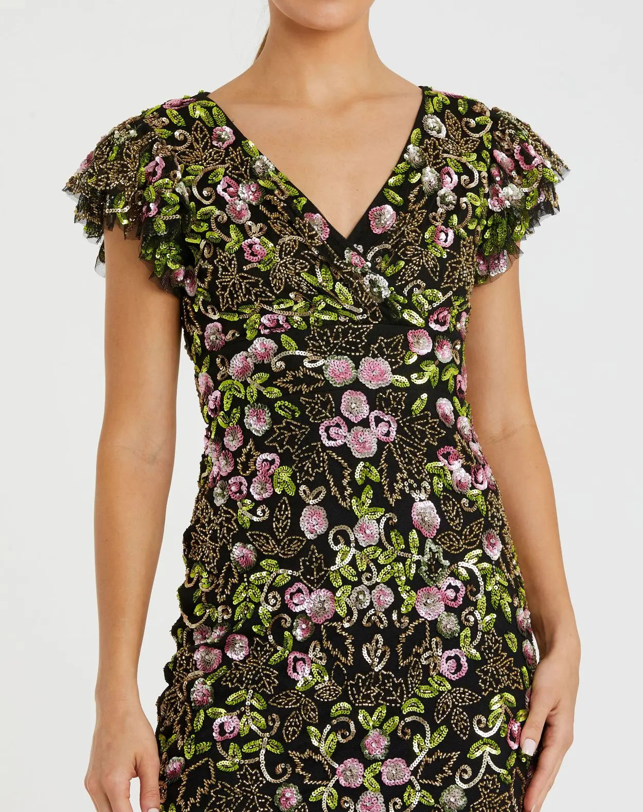 Black Floral Embellished Flutter Cap Sleeve Dress-Myartka