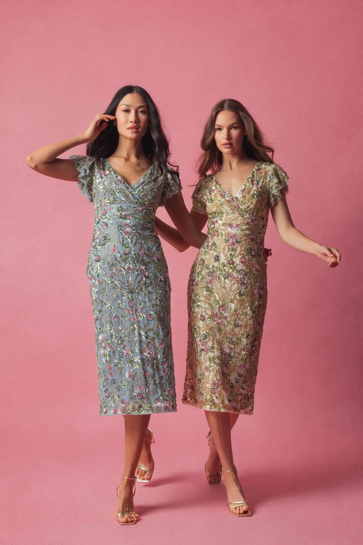 Beige Floral Embellished Flutter Cap Sleeve Dress-Myartka