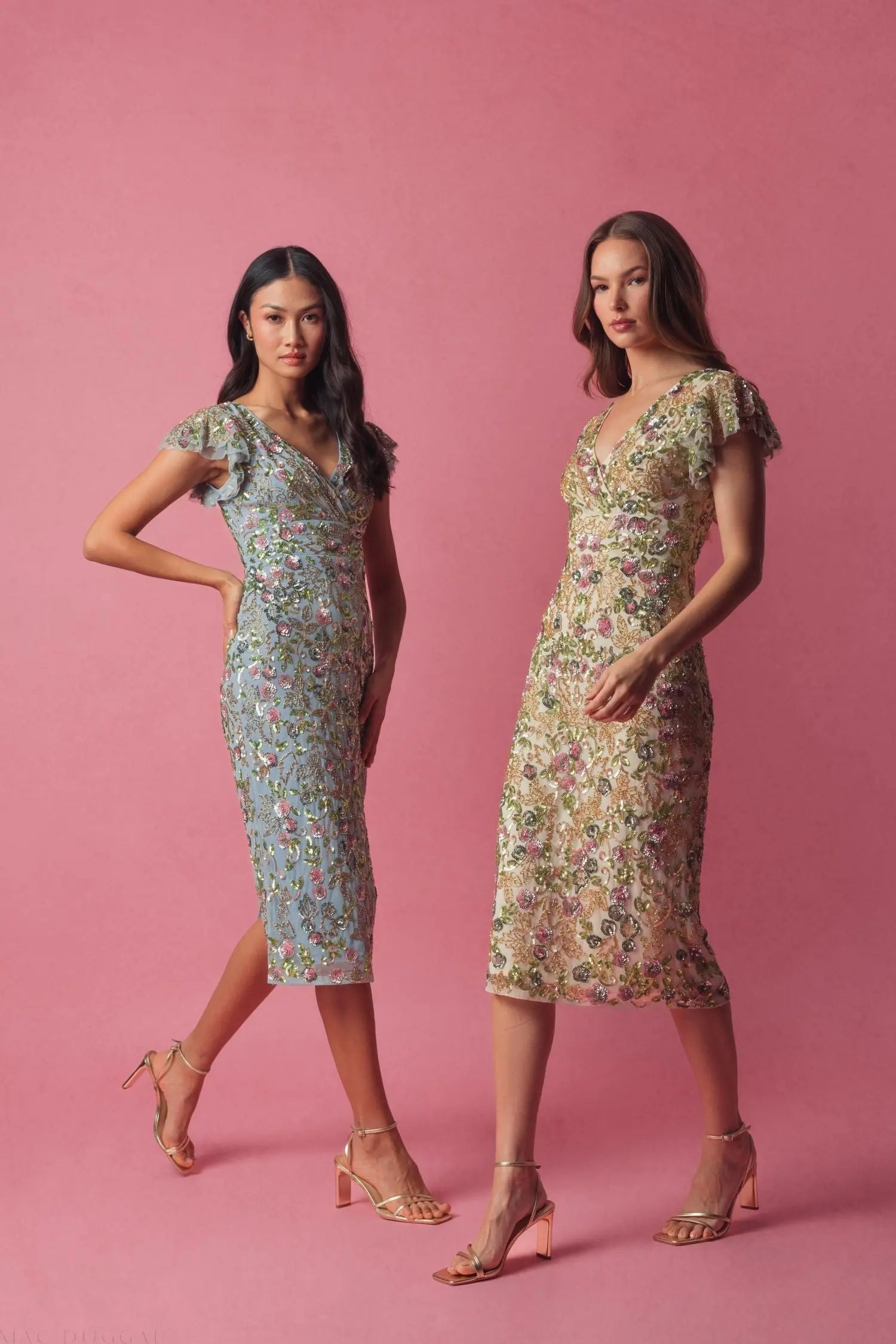 Blue Floral Sequin Embellished Flutter Cap Sleeve Dress-Myartka