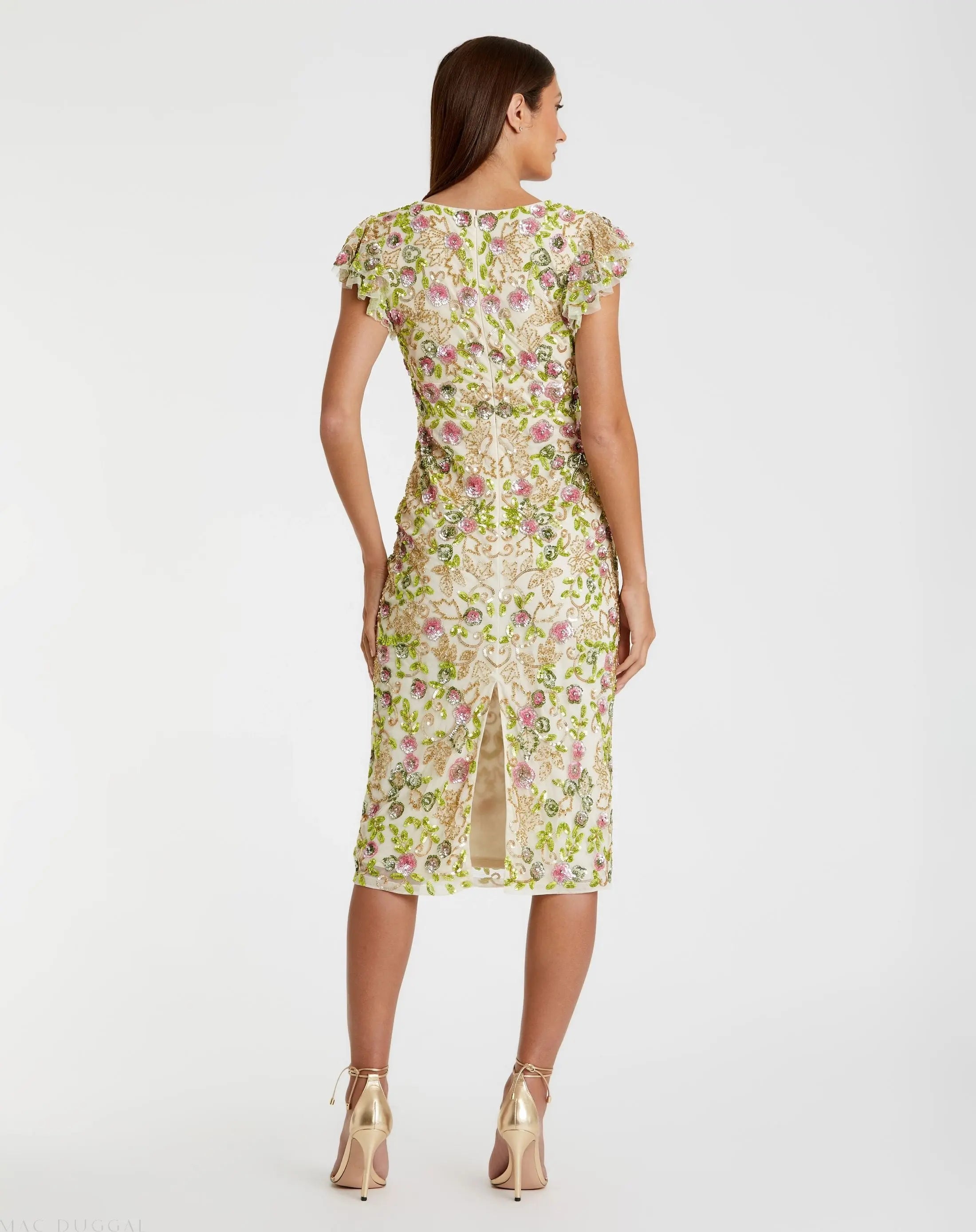 Beige Floral Embellished Flutter Cap Sleeve Dress-Myartka