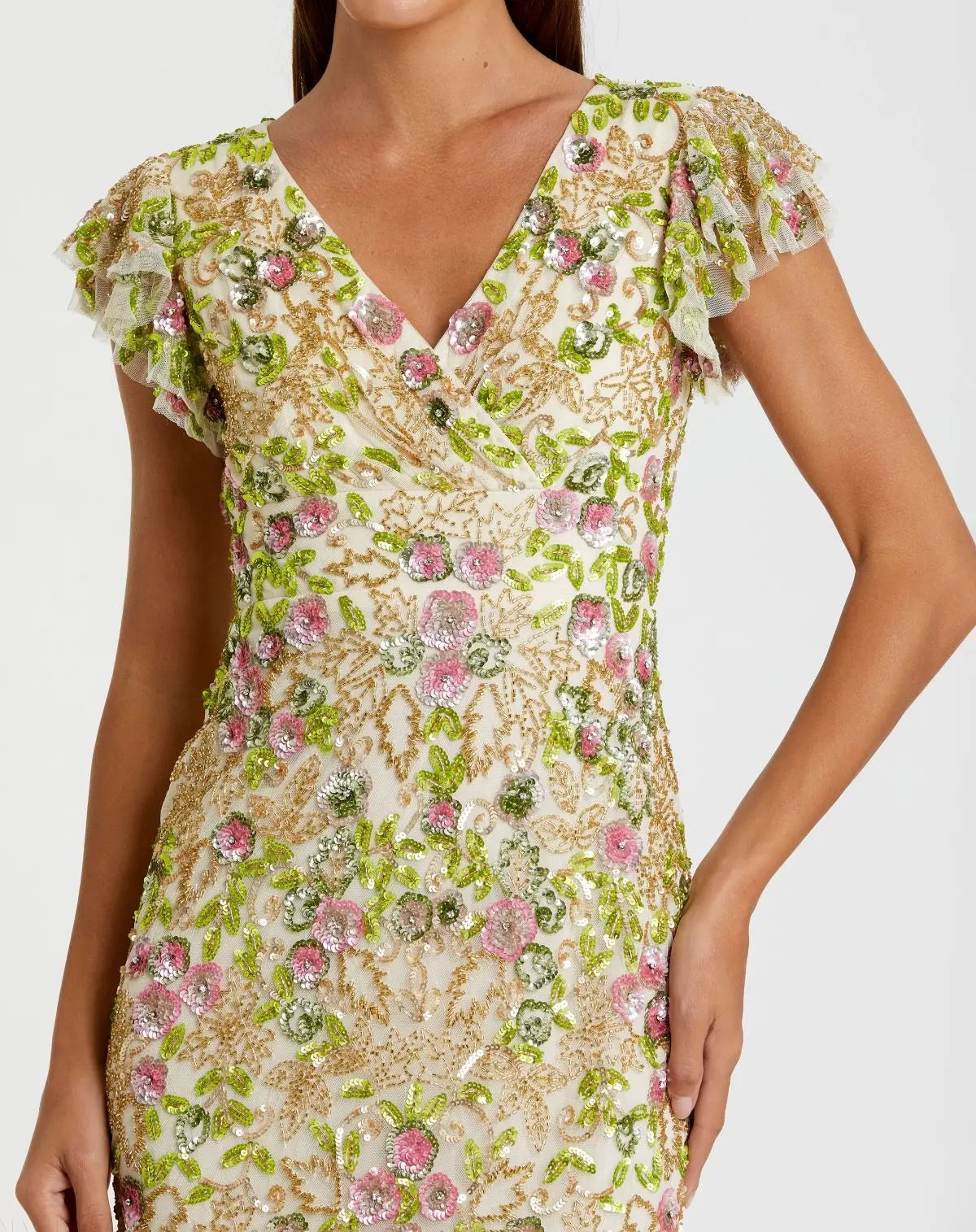 Beige Floral Embellished Flutter Cap Sleeve Dress-Myartka