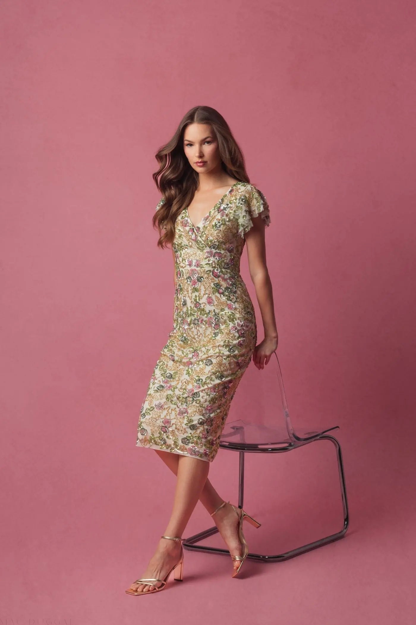 Beige Floral Embellished Flutter Cap Sleeve Dress-Myartka