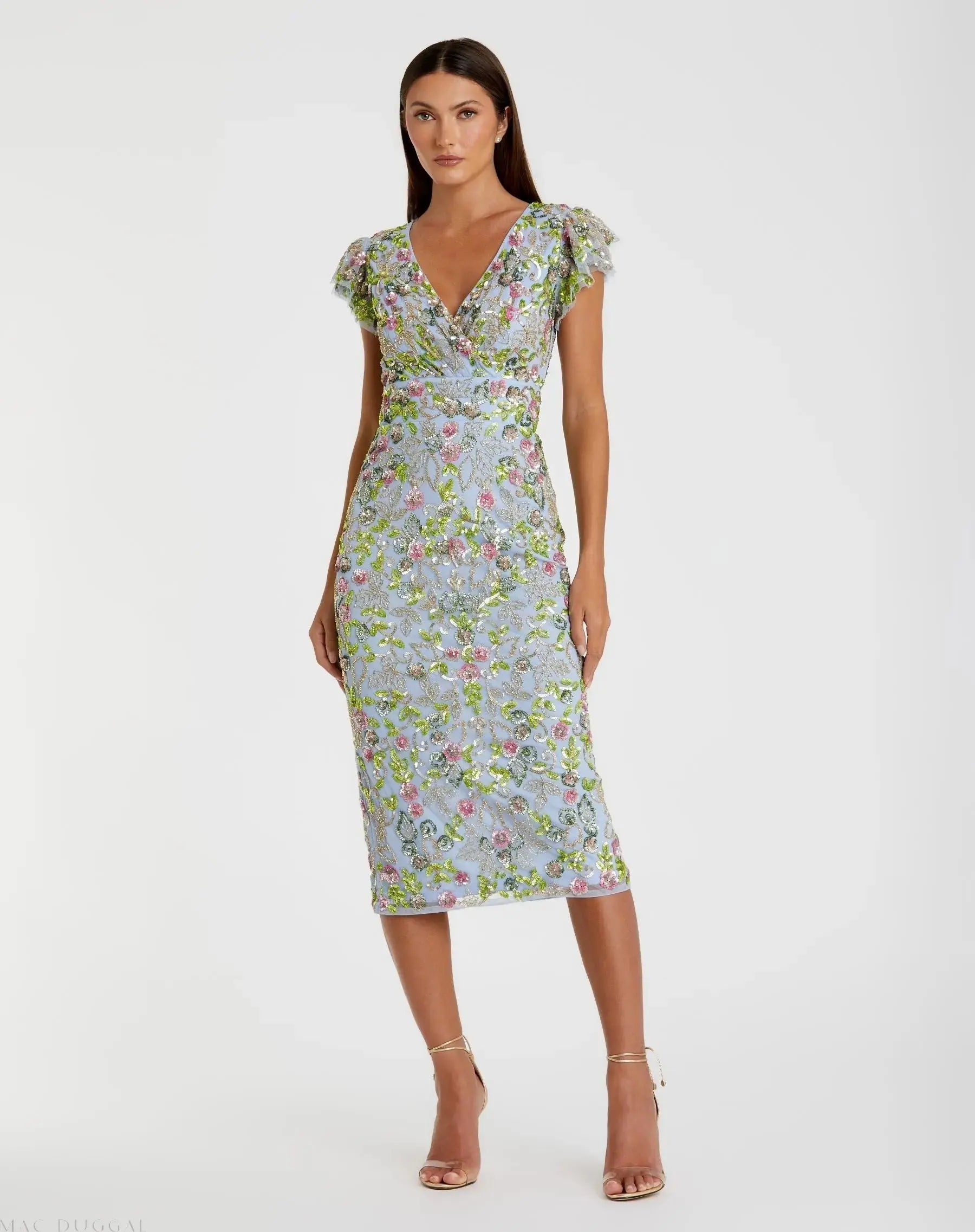 Blue Floral Sequin Embellished Flutter Cap Sleeve Dress-Myartka