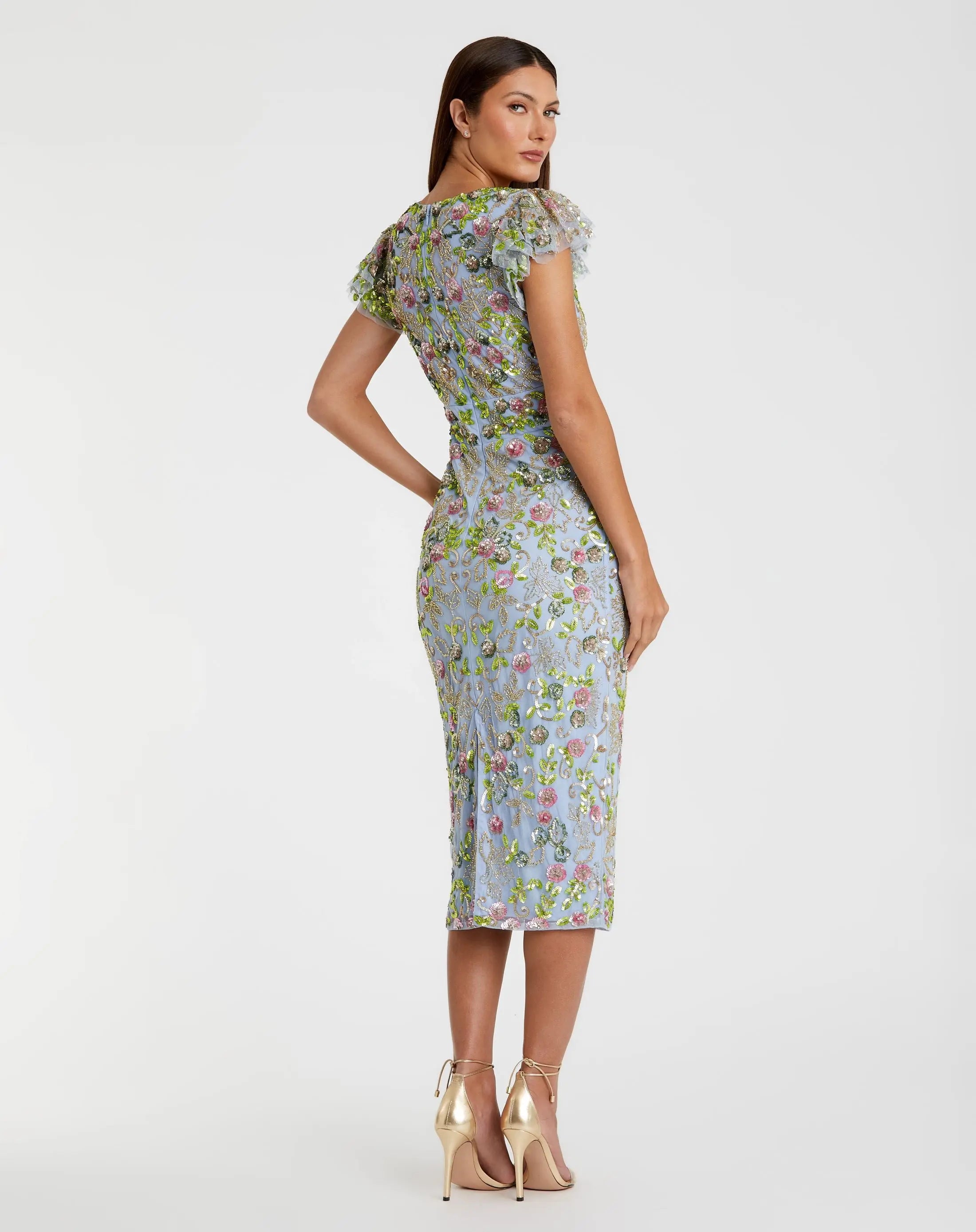 Blue Floral Sequin Embellished Flutter Cap Sleeve Dress-Myartka