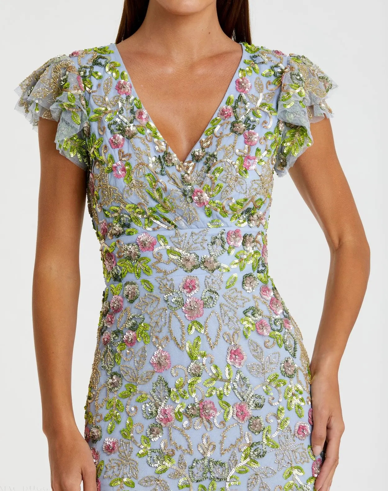 Blue Floral Sequin Embellished Flutter Cap Sleeve Dress-Myartka