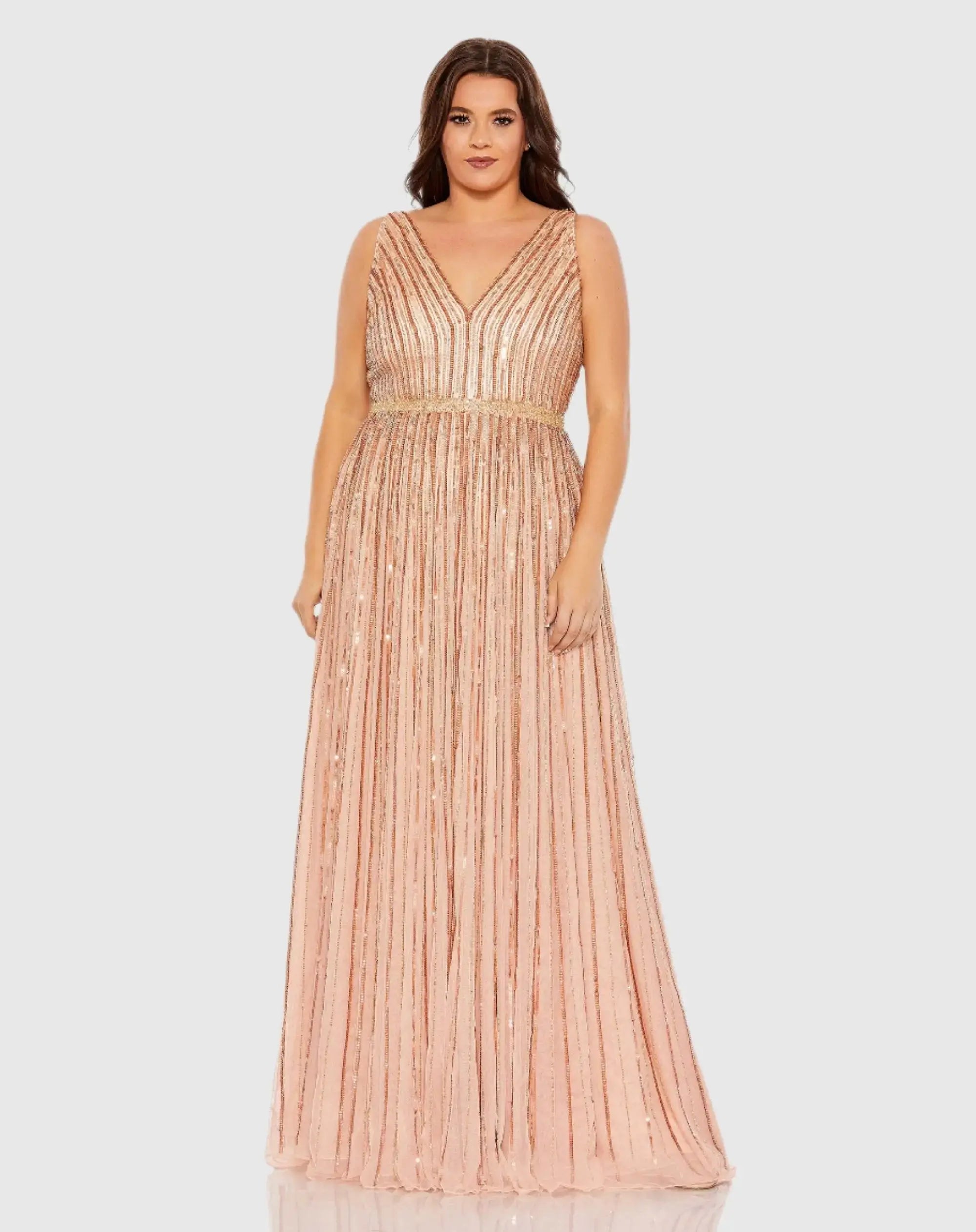 Pink Sequined Striped Sleeveless V Neck A Line Gown (Plus)-Myartka