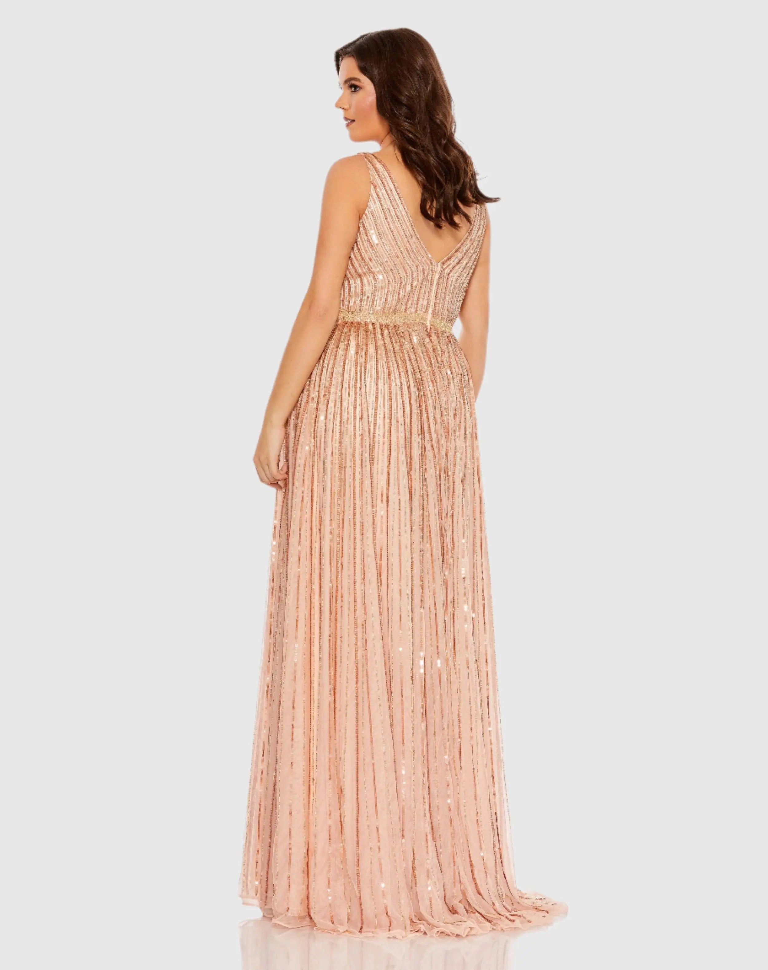 Pink Sequined Striped Sleeveless V Neck A Line Gown (Plus)-Myartka