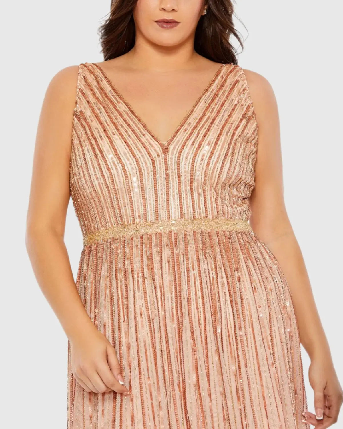 Pink Sequined Striped Sleeveless V Neck A Line Gown (Plus)-Myartka