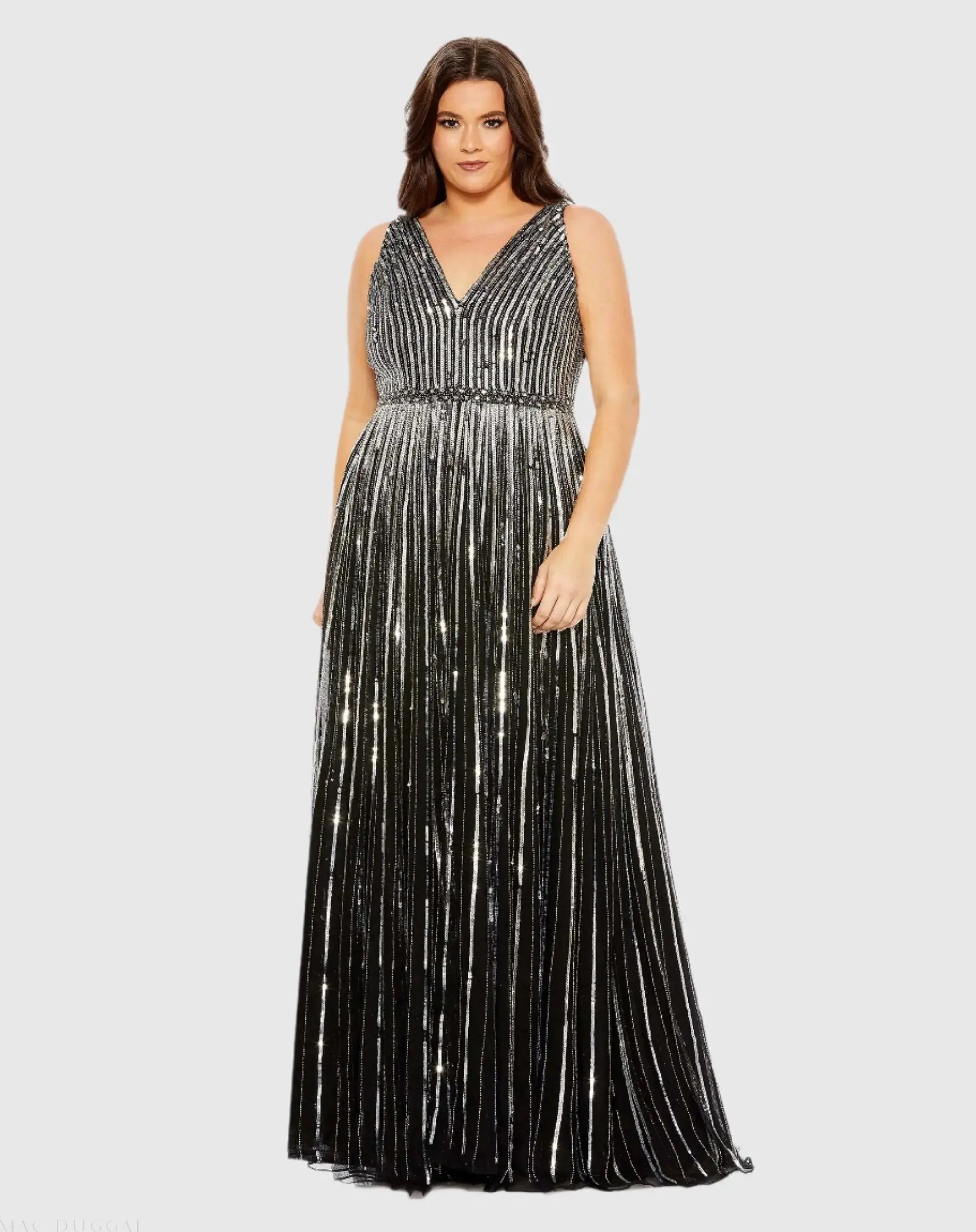 Sequined Striped Sleeveless V Neck A Line Gown (Plus)-Myartka
