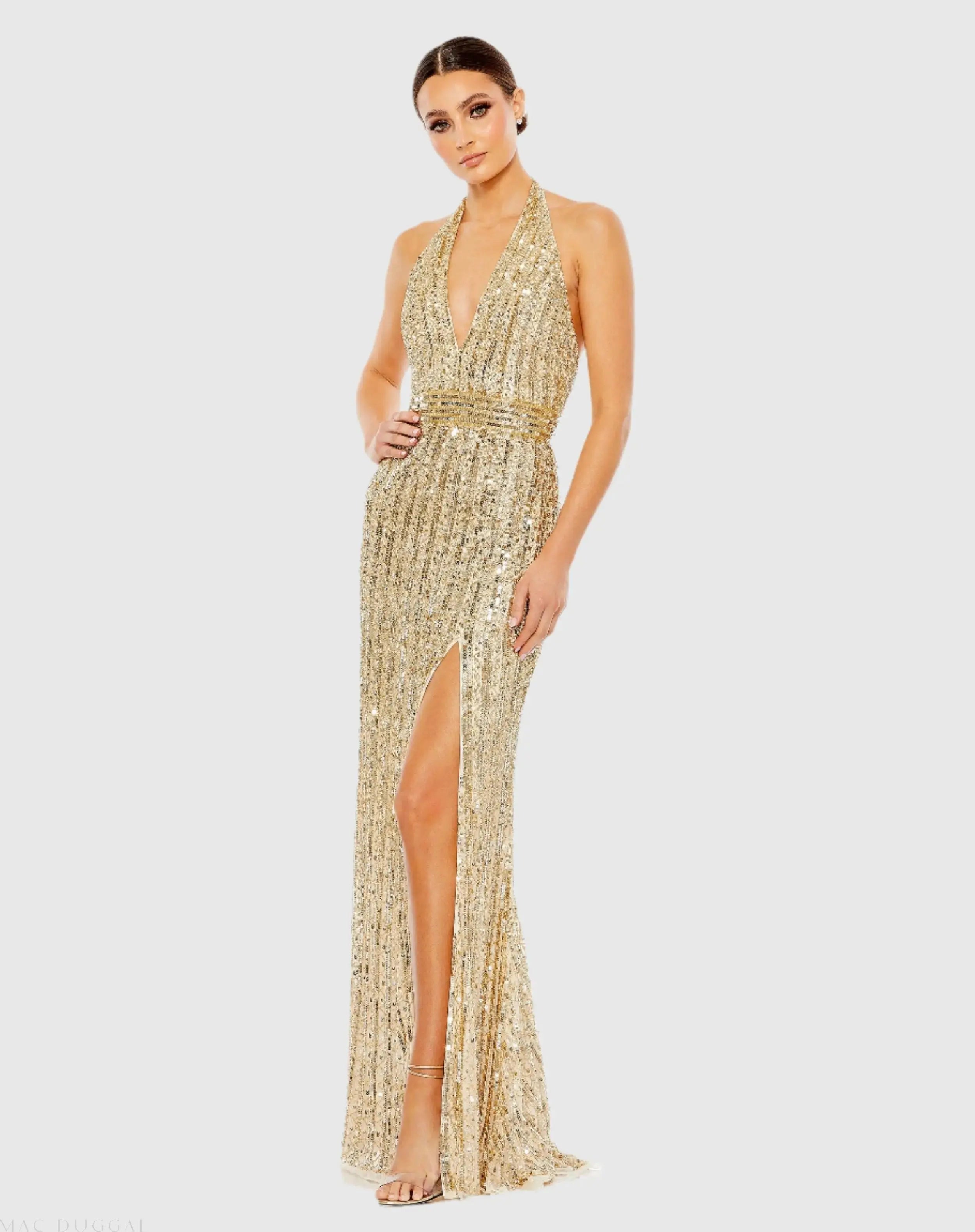 Sequined Halter Strap Trumpet Gown-Myartka