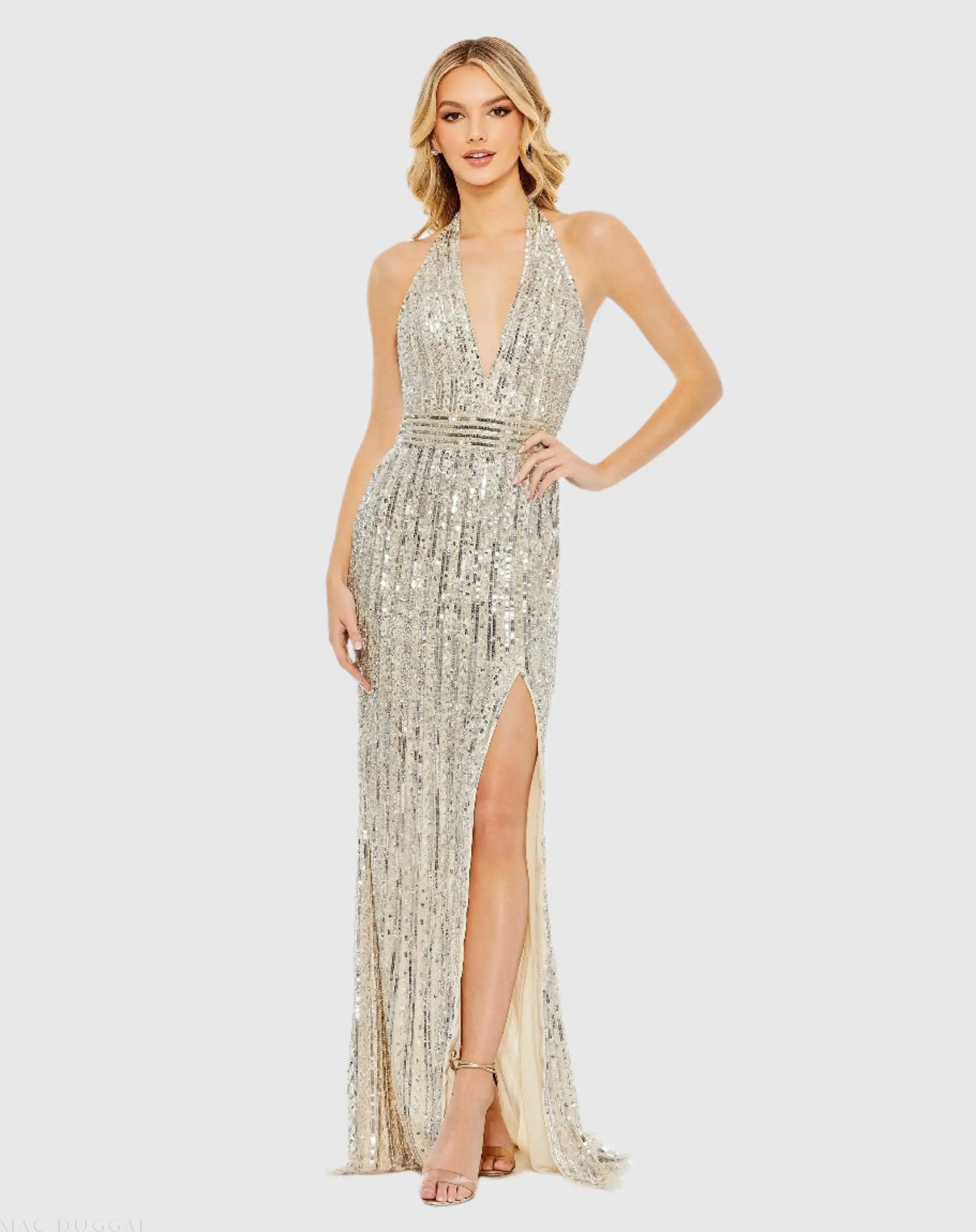 Sequined Halter Strap Trumpet Gown-Myartka