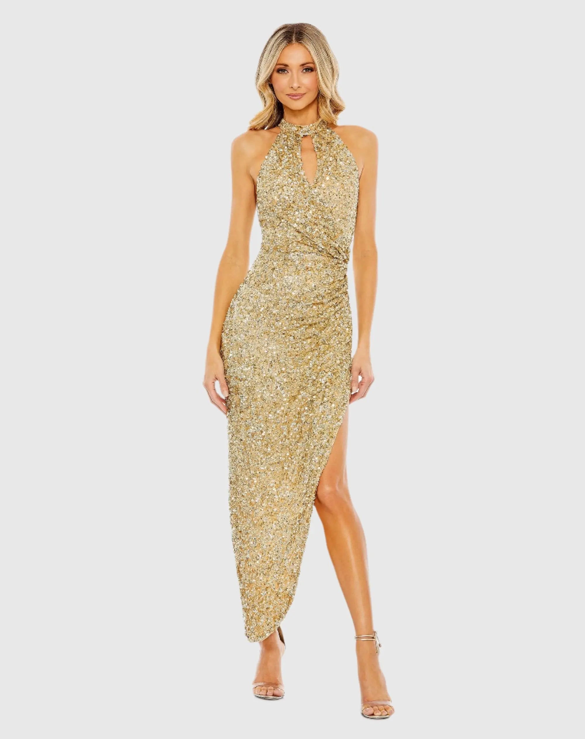 Gold Sequined High Neck Keyhole Asymmetrical Dress-Myartka