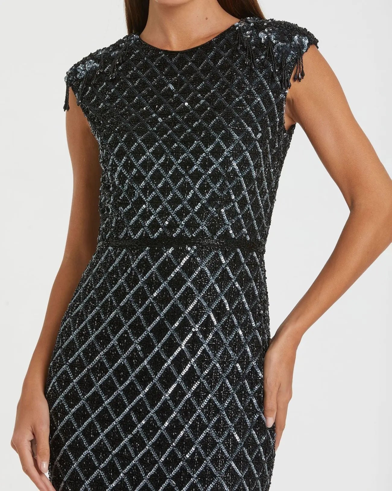 Black High Neck Dress w/ Crystal Fringe Detail-Myartka