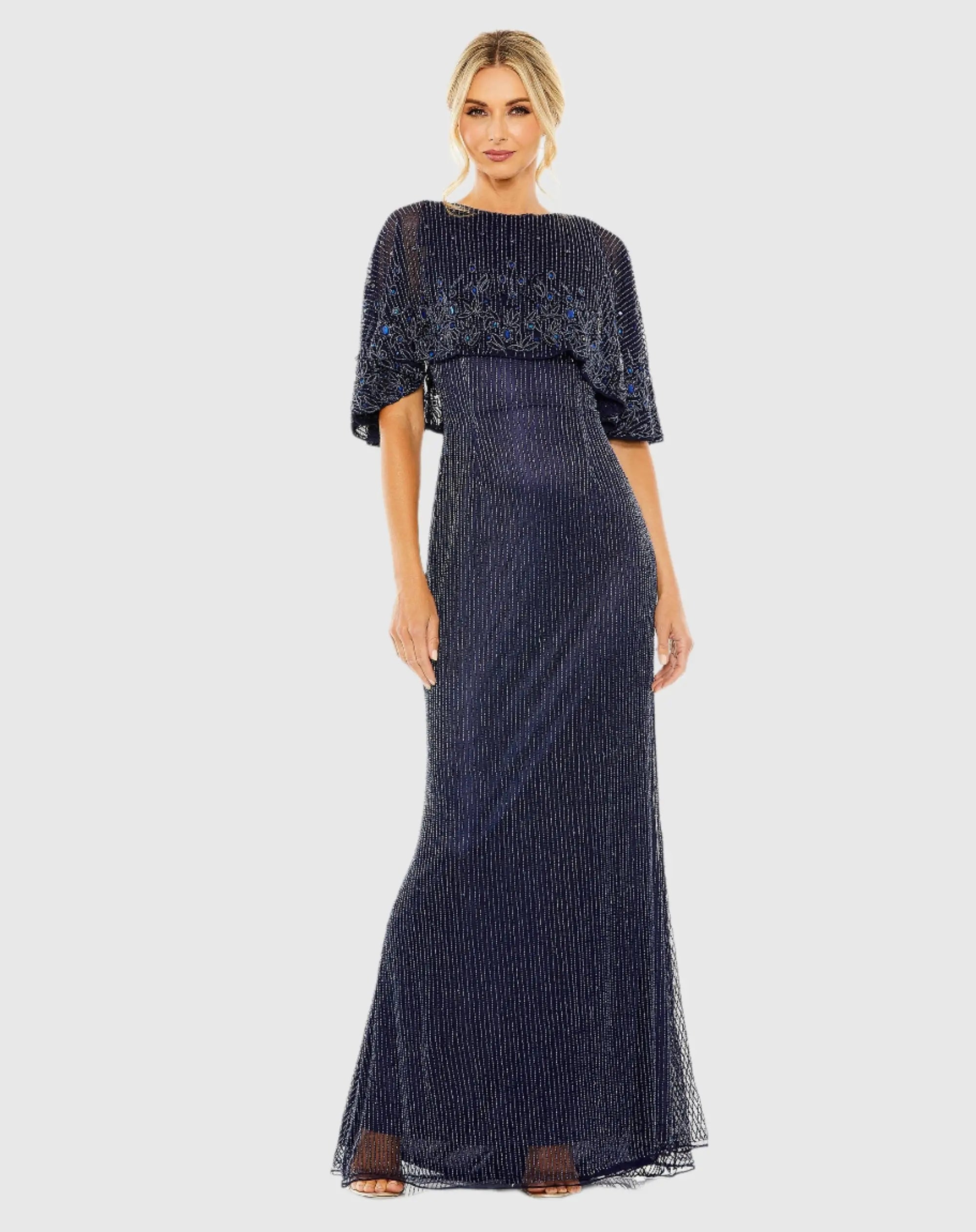 Navy High Neck Column Gown With Embellished Cape-Myartka