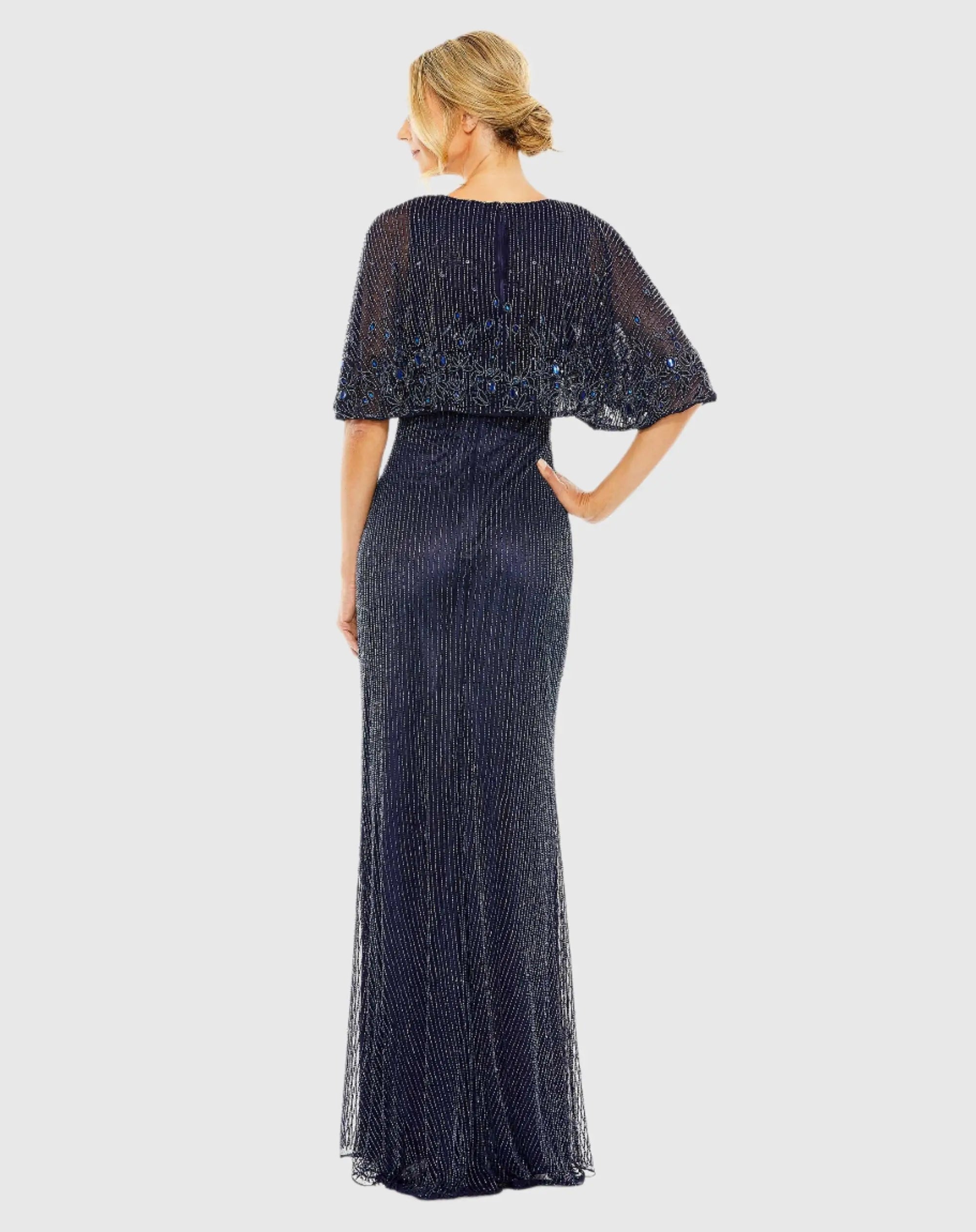 Navy High Neck Column Gown With Embellished Cape-Myartka