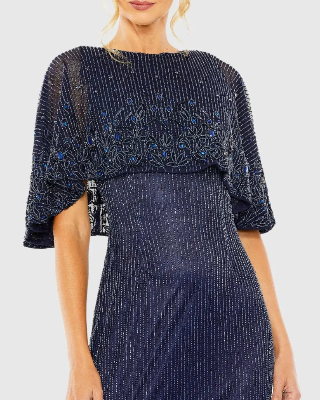 Navy High Neck Column Gown With Embellished Cape-Myartka