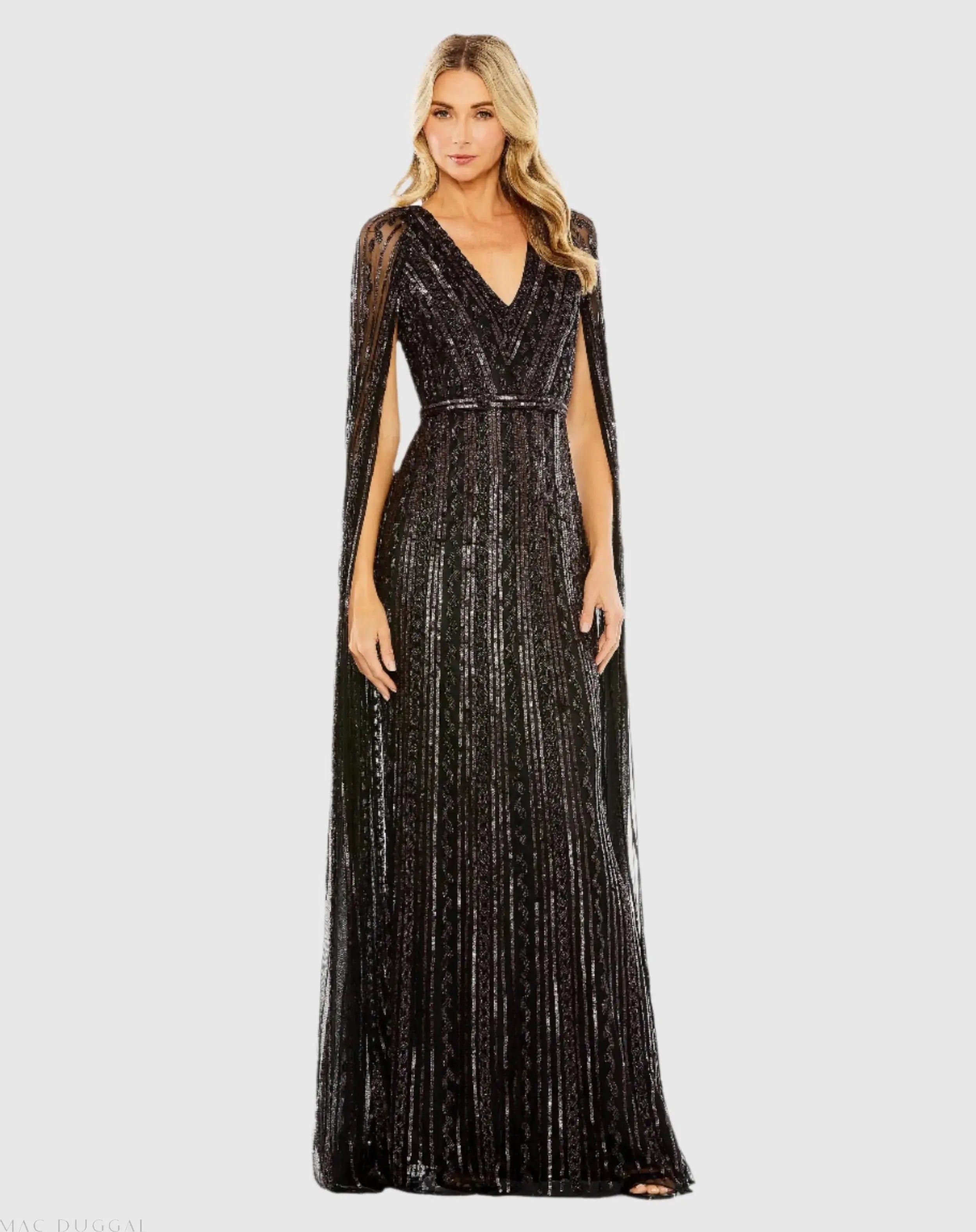 Black Sequined V-Neck Gown with Cape Sleeves-Myartka