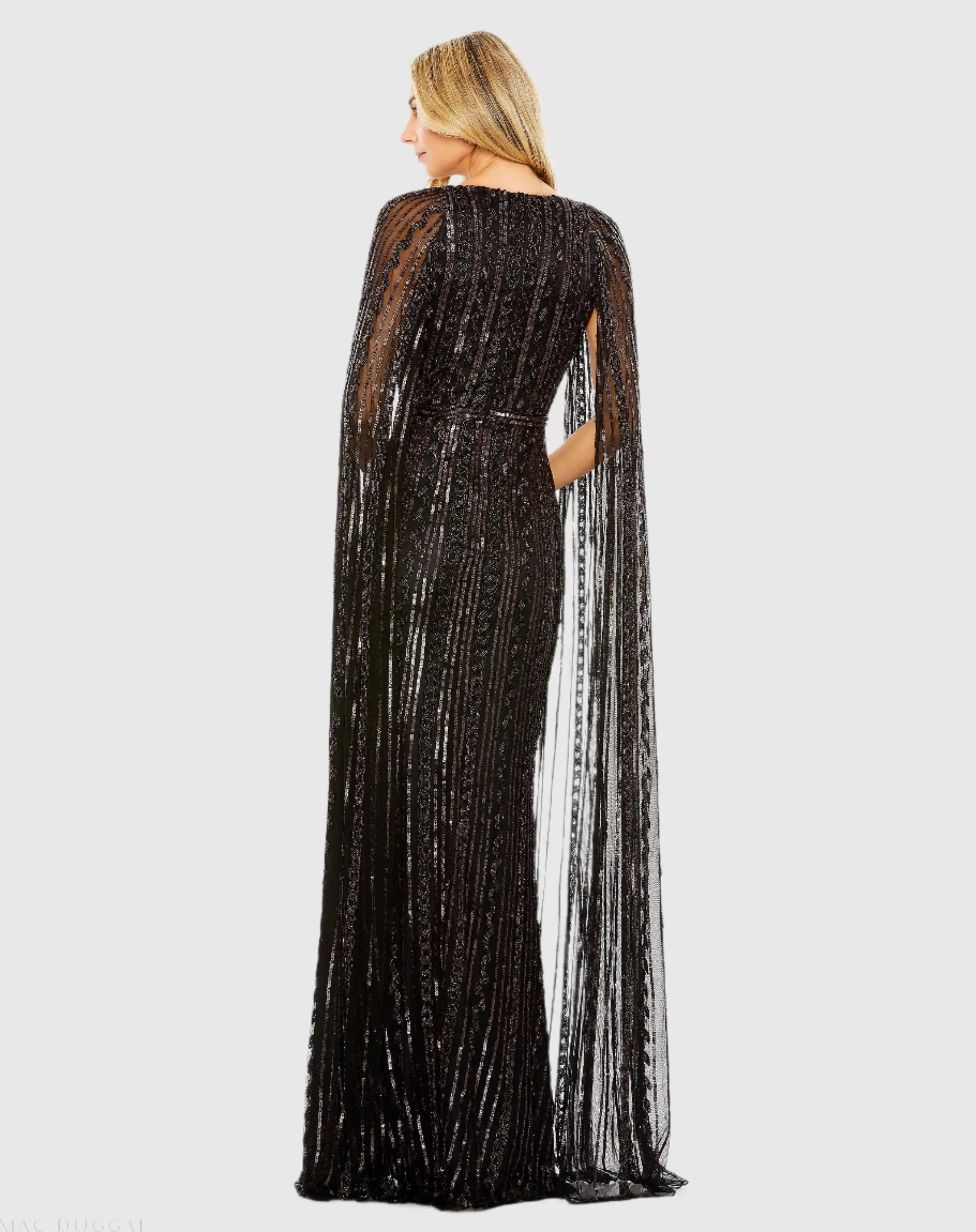 Black Sequined V-Neck Gown with Cape Sleeves-Myartka