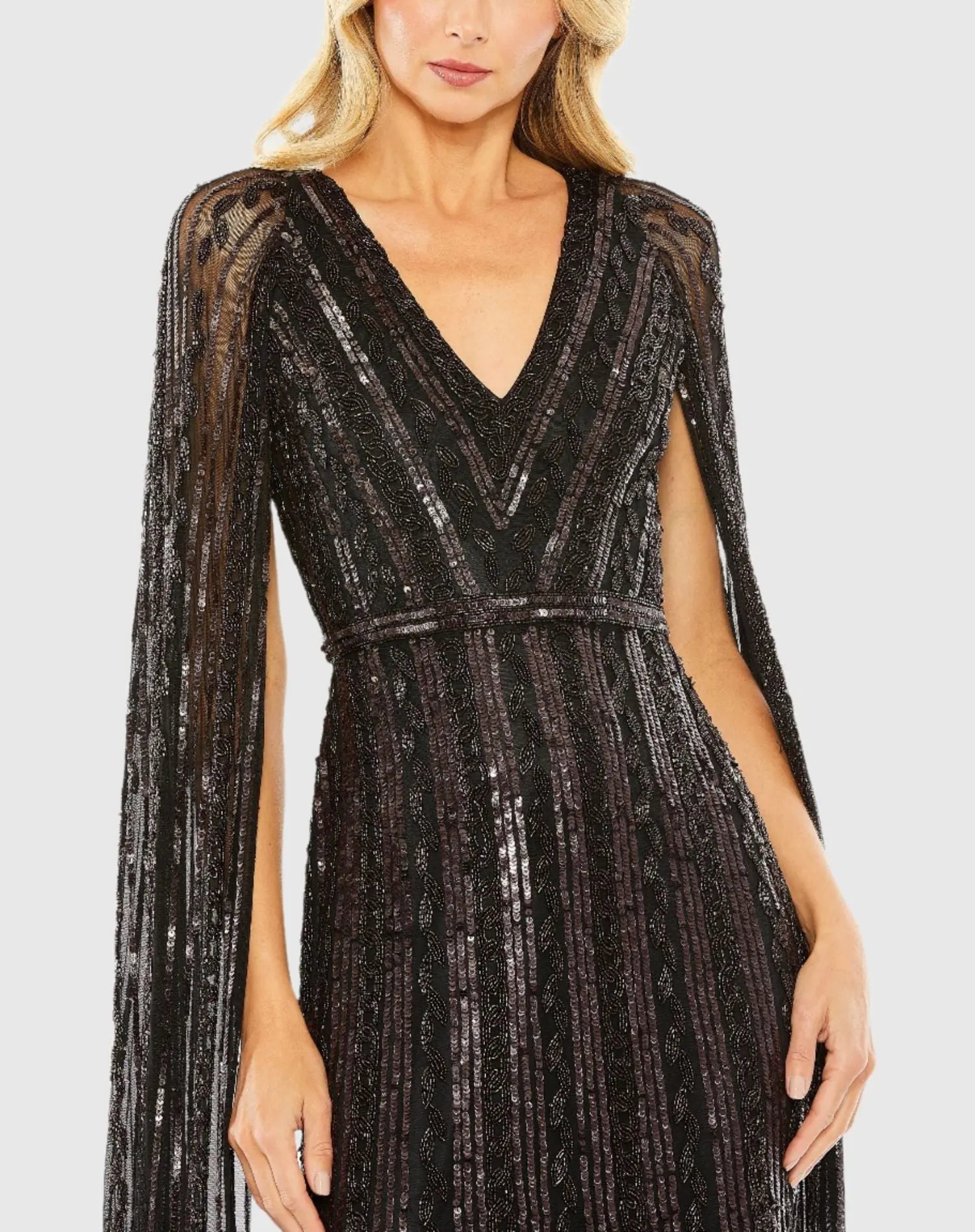 Black Sequined V-Neck Gown with Cape Sleeves-Myartka