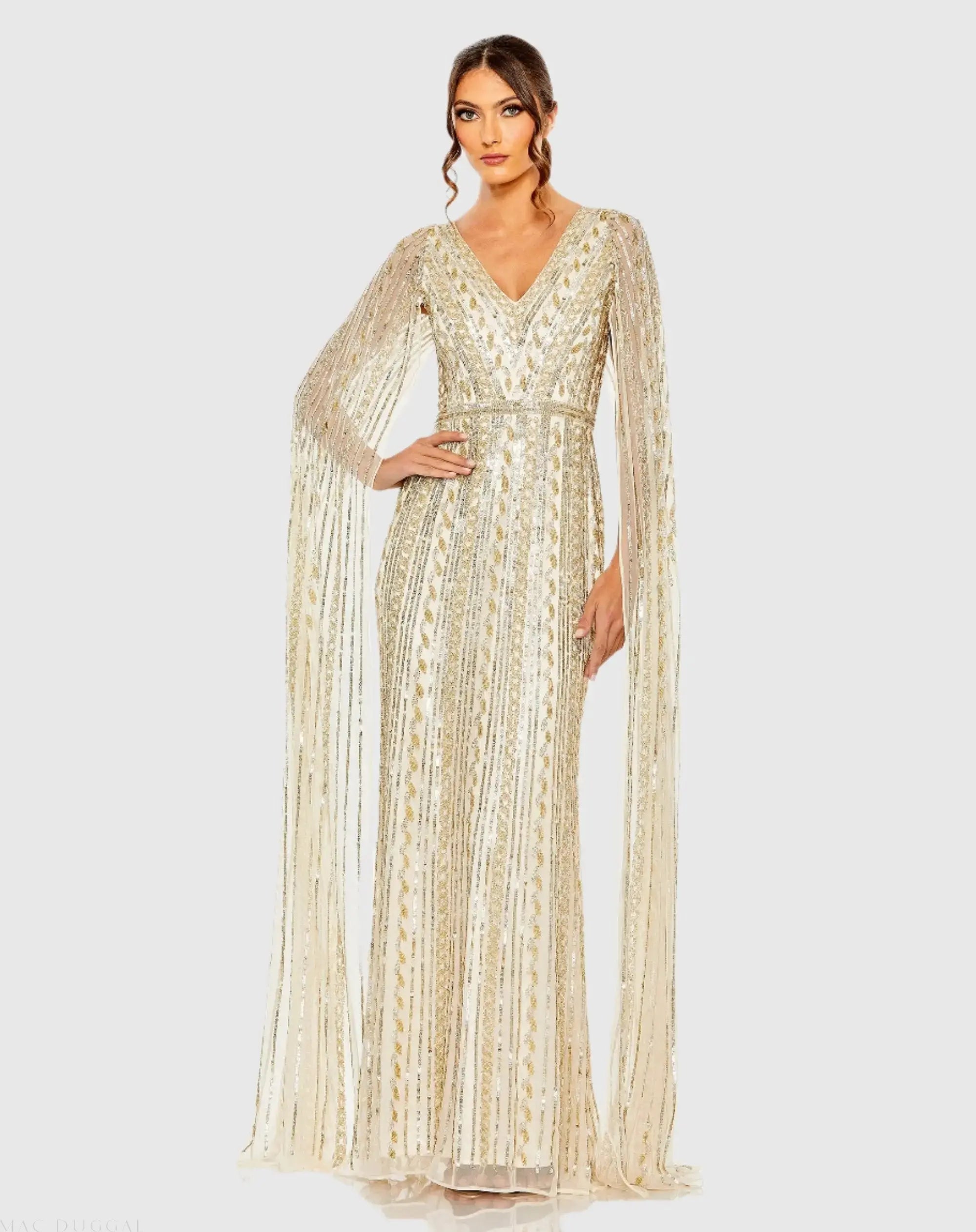 Beige and Silver Sequined V-Neck Gown with Cape Sleeves-Myartka
