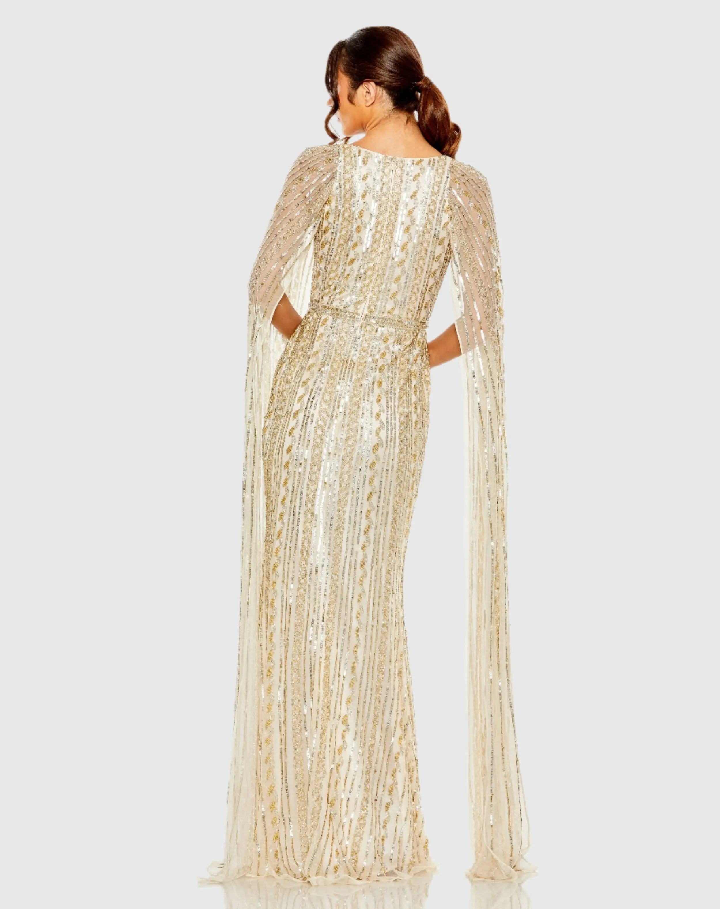Beige and Silver Sequined V-Neck Gown with Cape Sleeves-Myartka