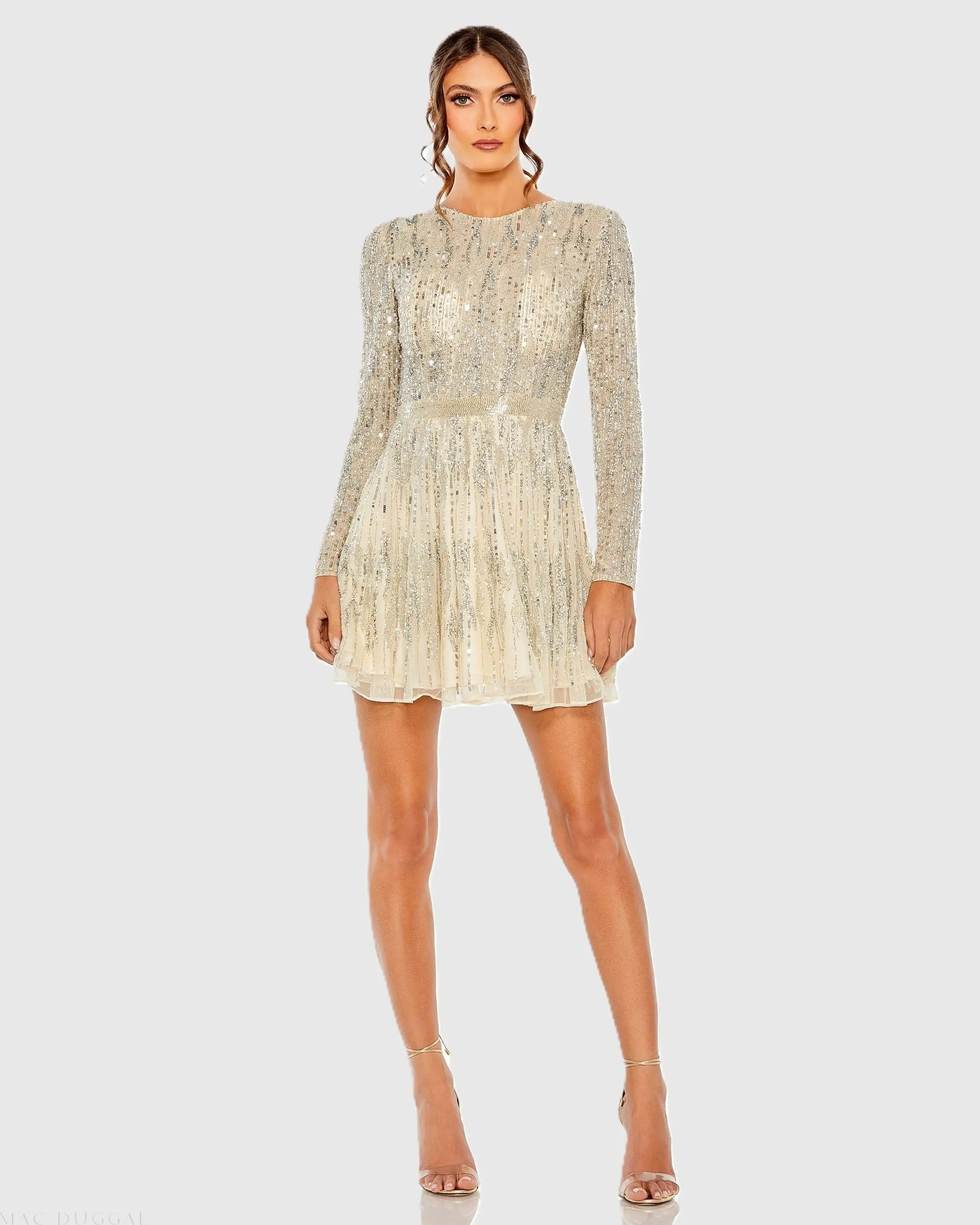 Ivory High Neck Long Sleeve A Line Mini Dress-Myartka
