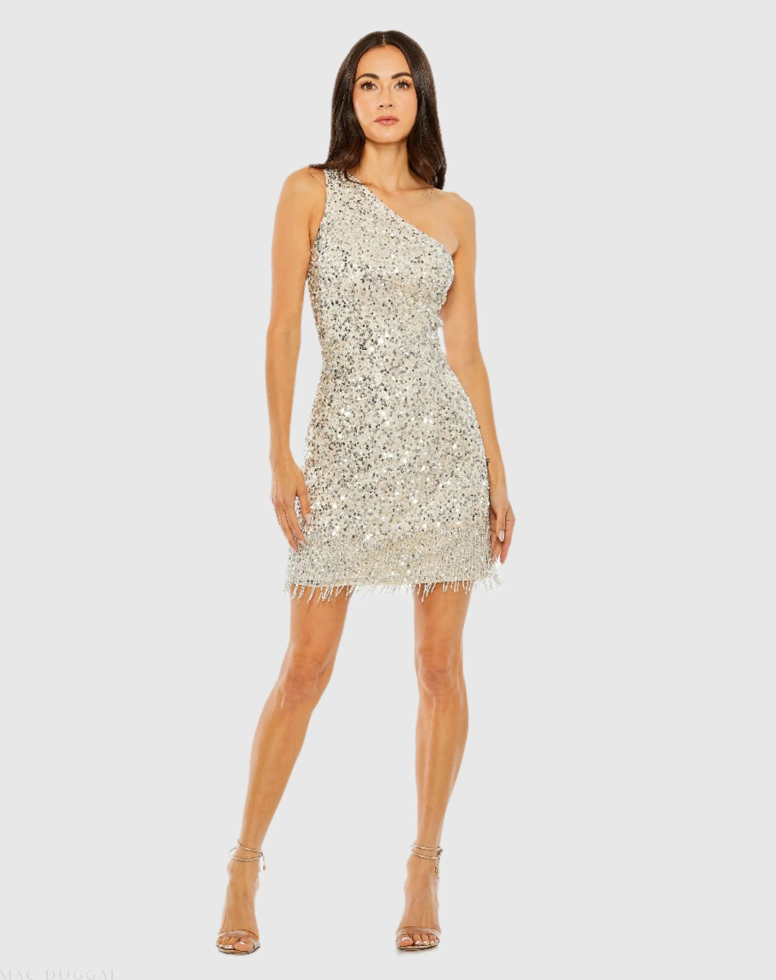 Silver One Shoulder Embellished Fringe Detail Dress-Myartka