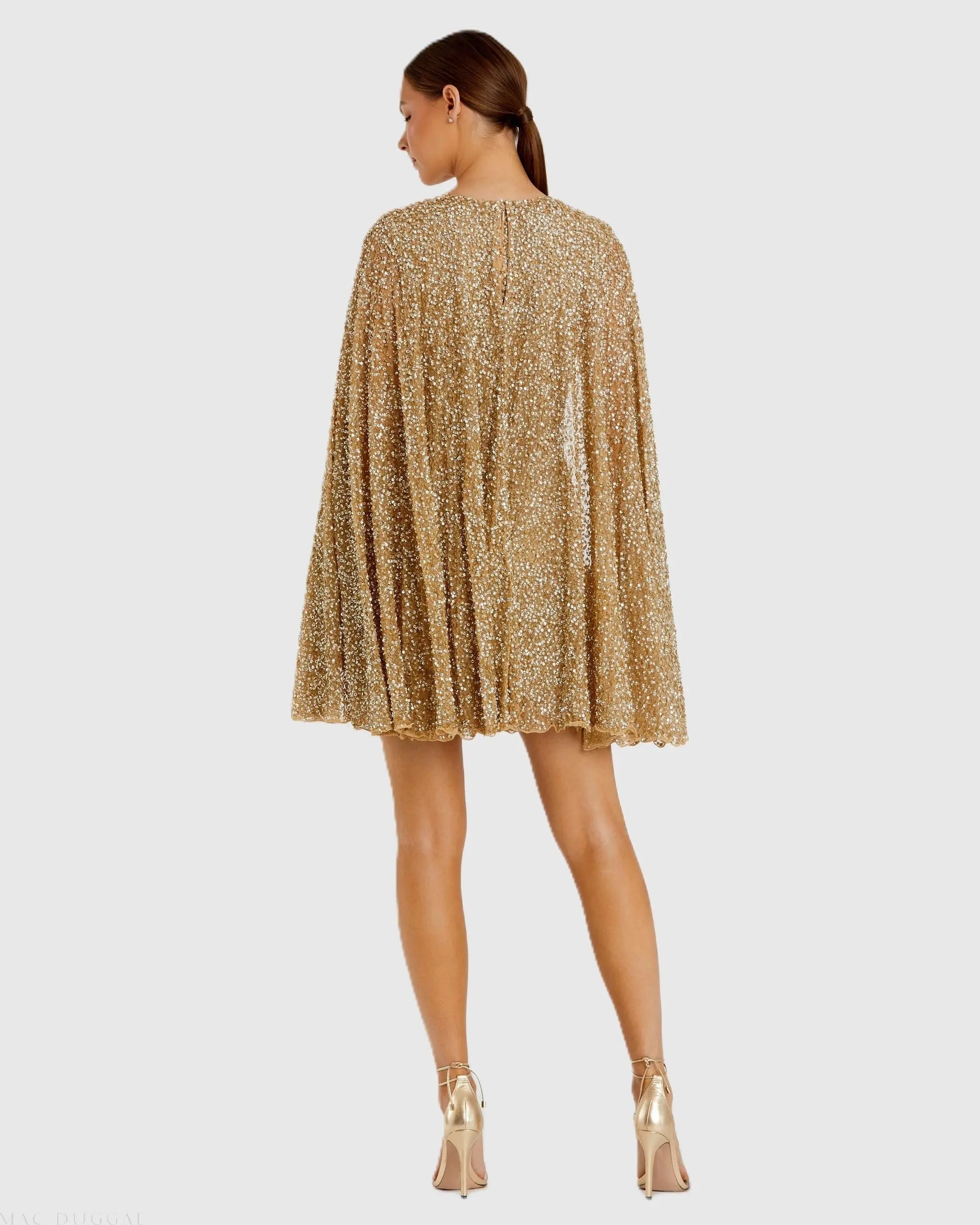 Gold Sequined Cape Sleeve Mini Dress-Myartka
