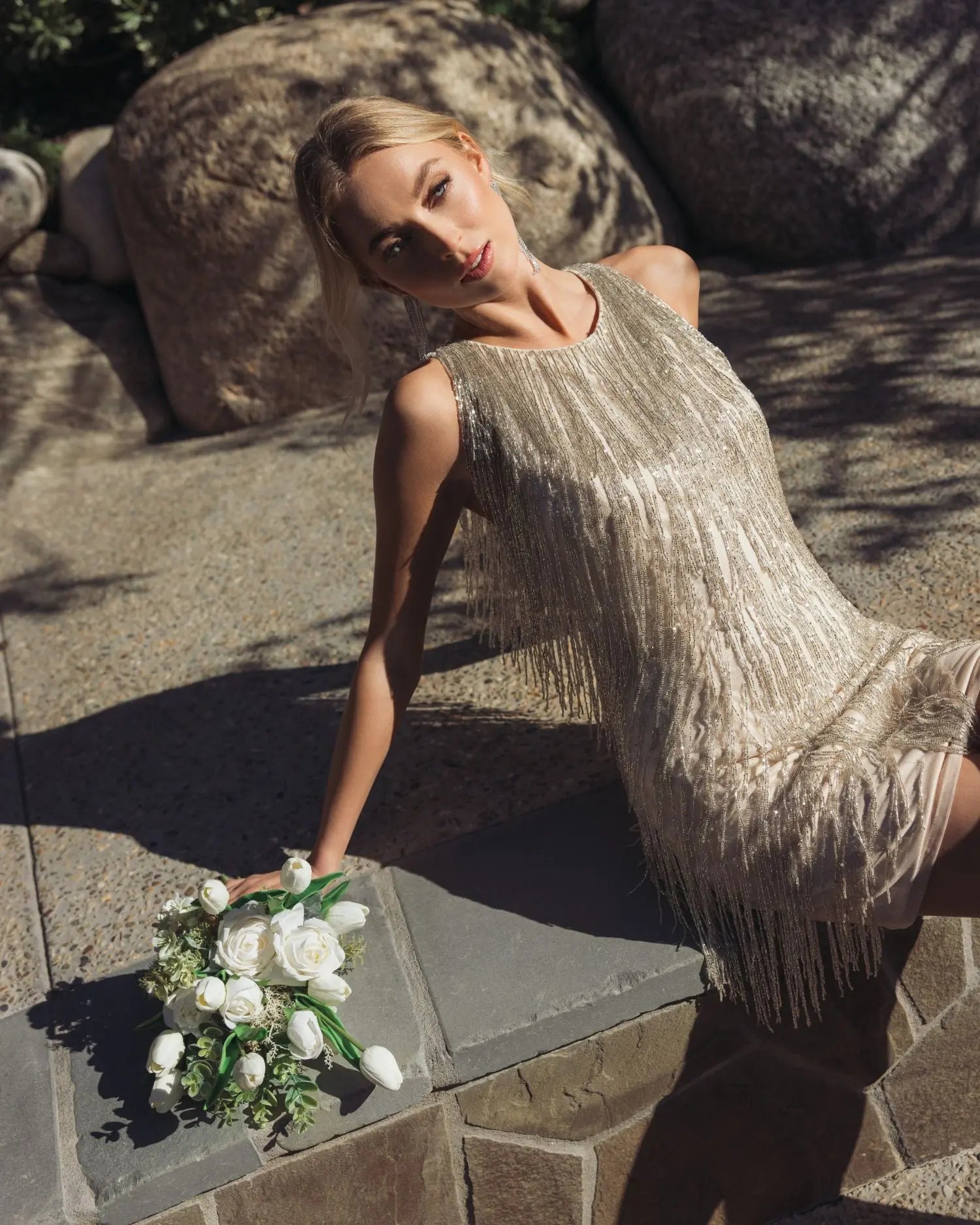 Ivory Beaded Fringe Mini Dress-Myartka