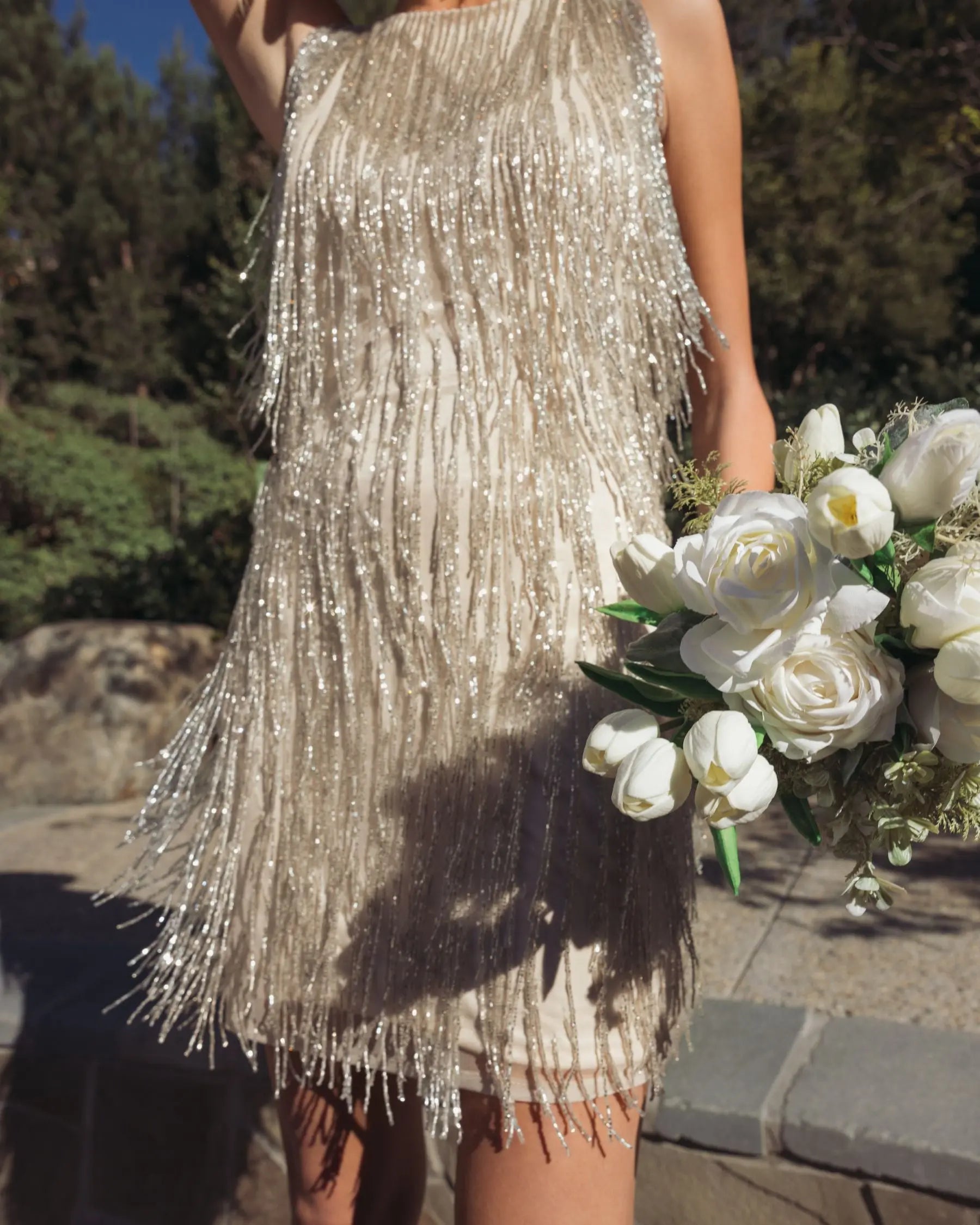 Ivory Beaded Fringe Mini Dress-Myartka
