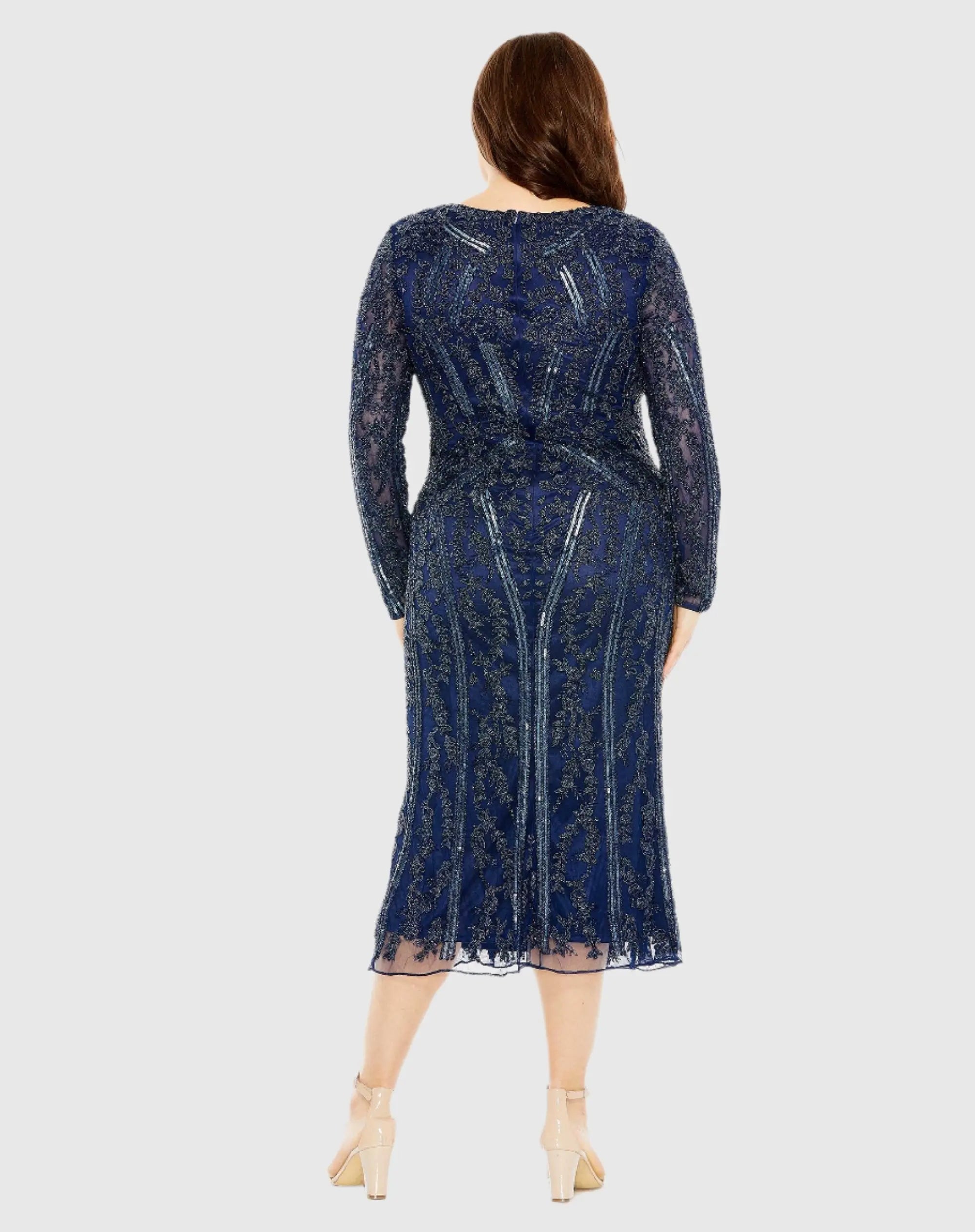 Navy Long Sleeve Embellished Dress (Plus) - FINAL SALE-Myartka