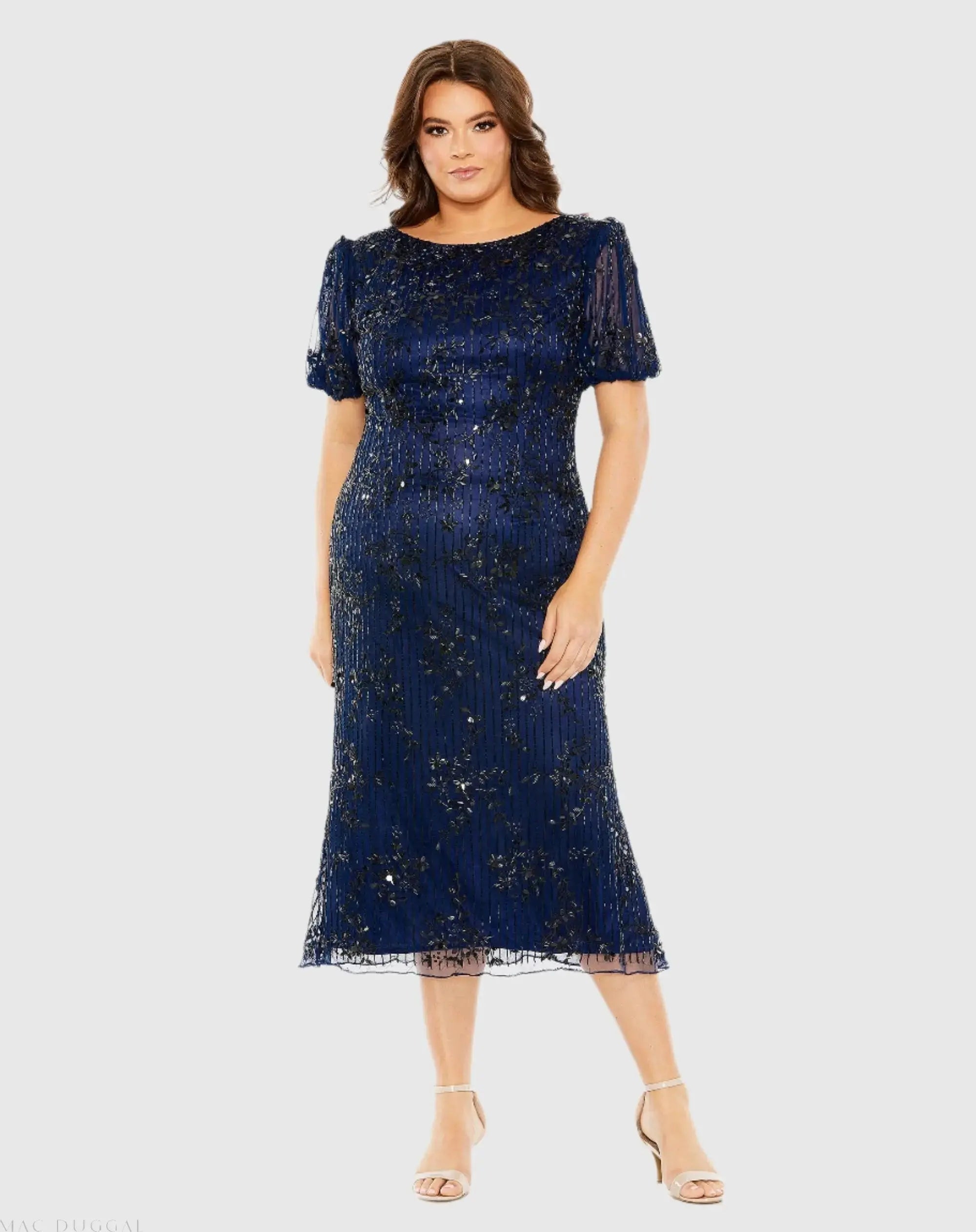 Navy High Neck Puff Sleeve Embellished Dress-Myartka