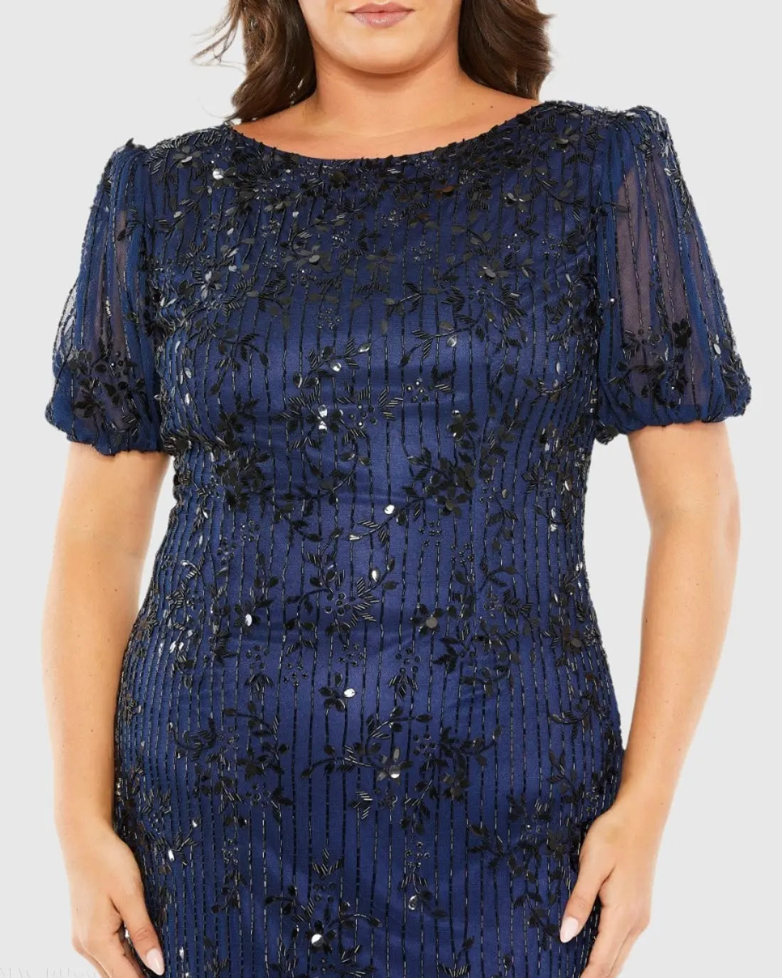 Navy High Neck Puff Sleeve Embellished Dress-Myartka