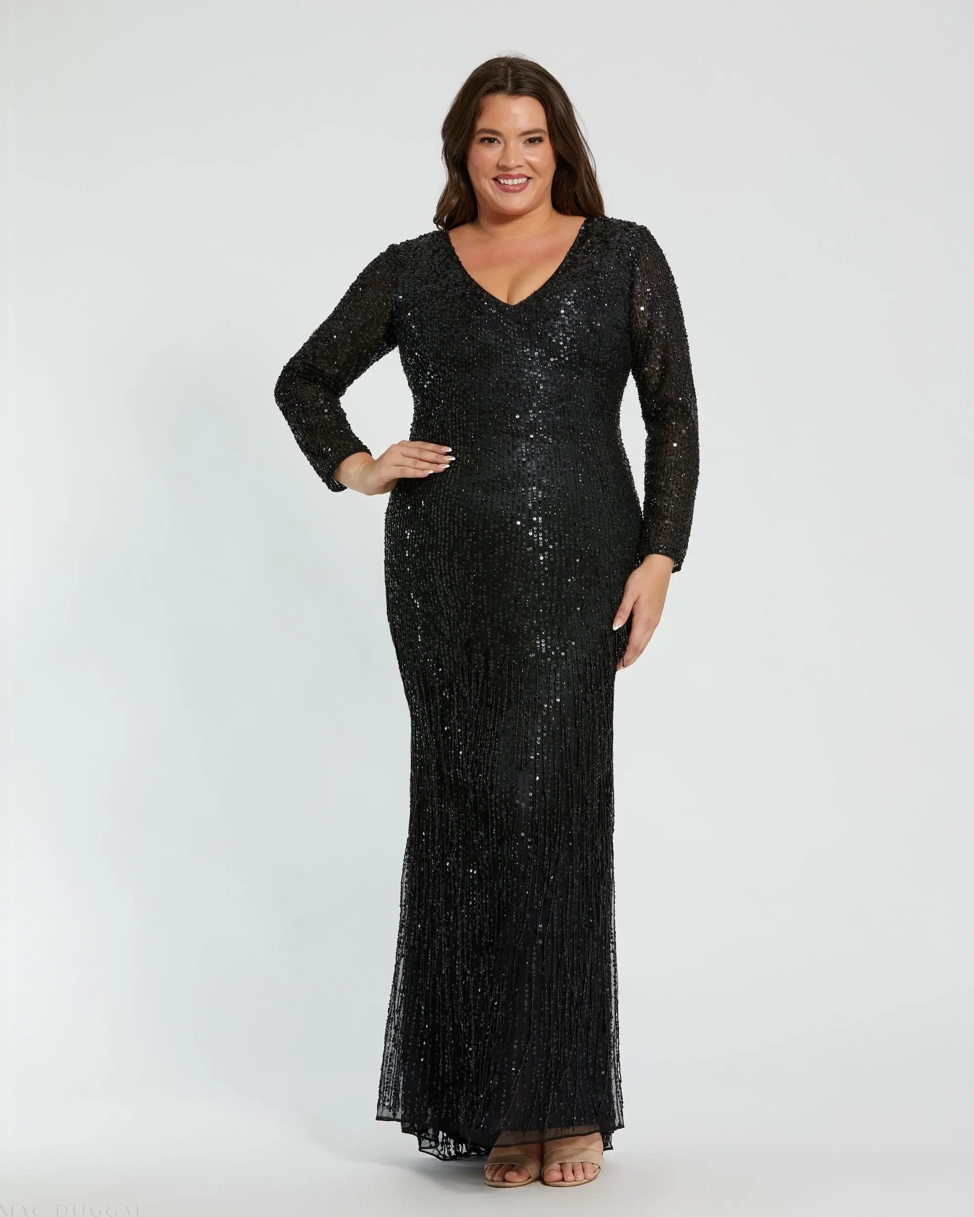 Black Long Sleeve V-Neck Beaded Fringe Gown-Myartka