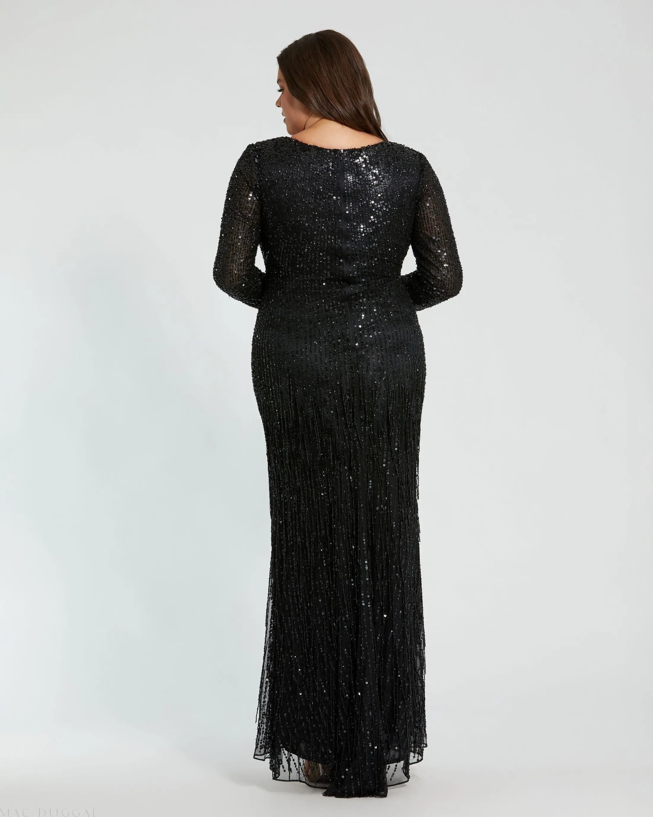 Black Long Sleeve V-Neck Beaded Fringe Gown-Myartka