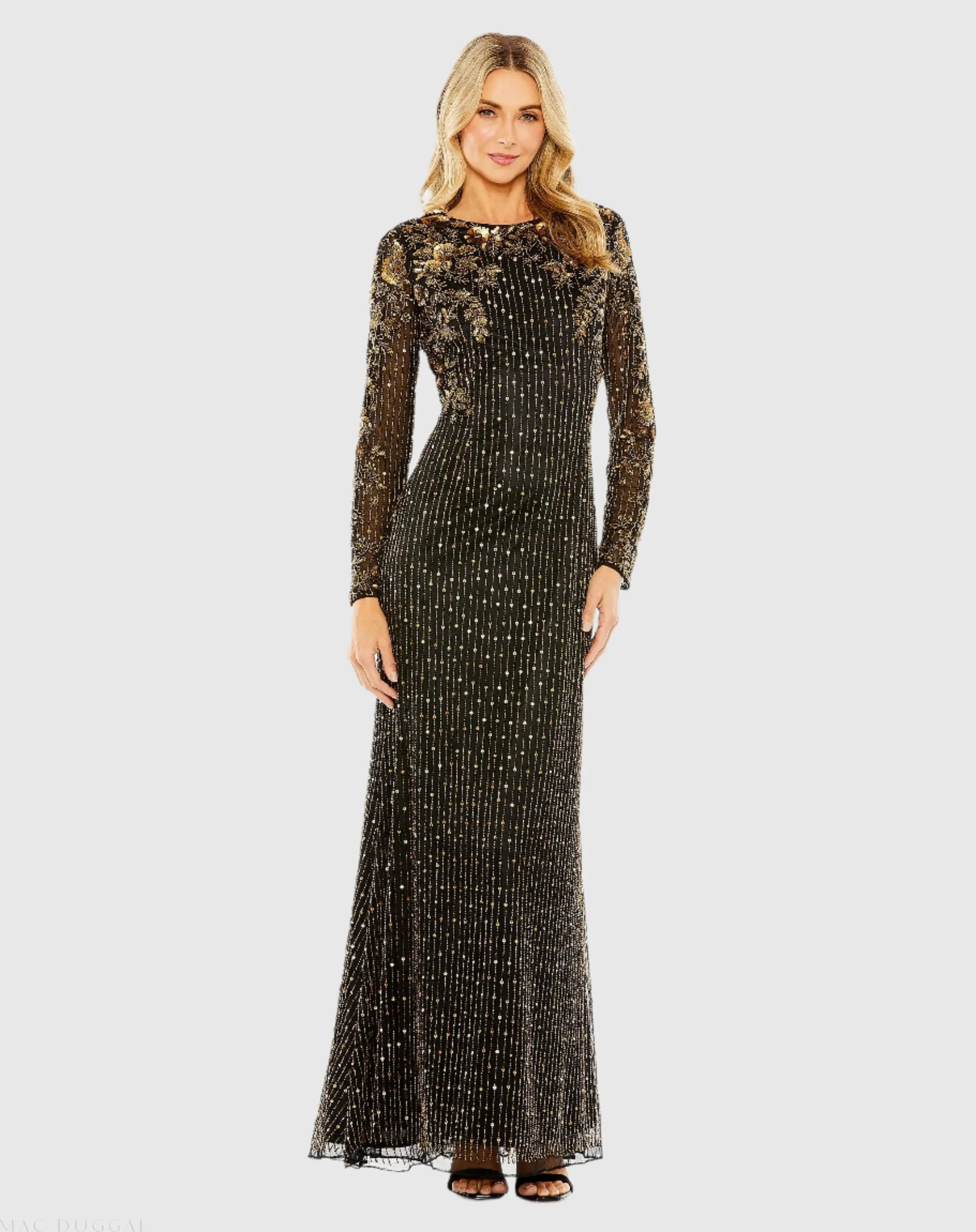 Black High Neck Long Sleeve Embellished Gown-Myartka