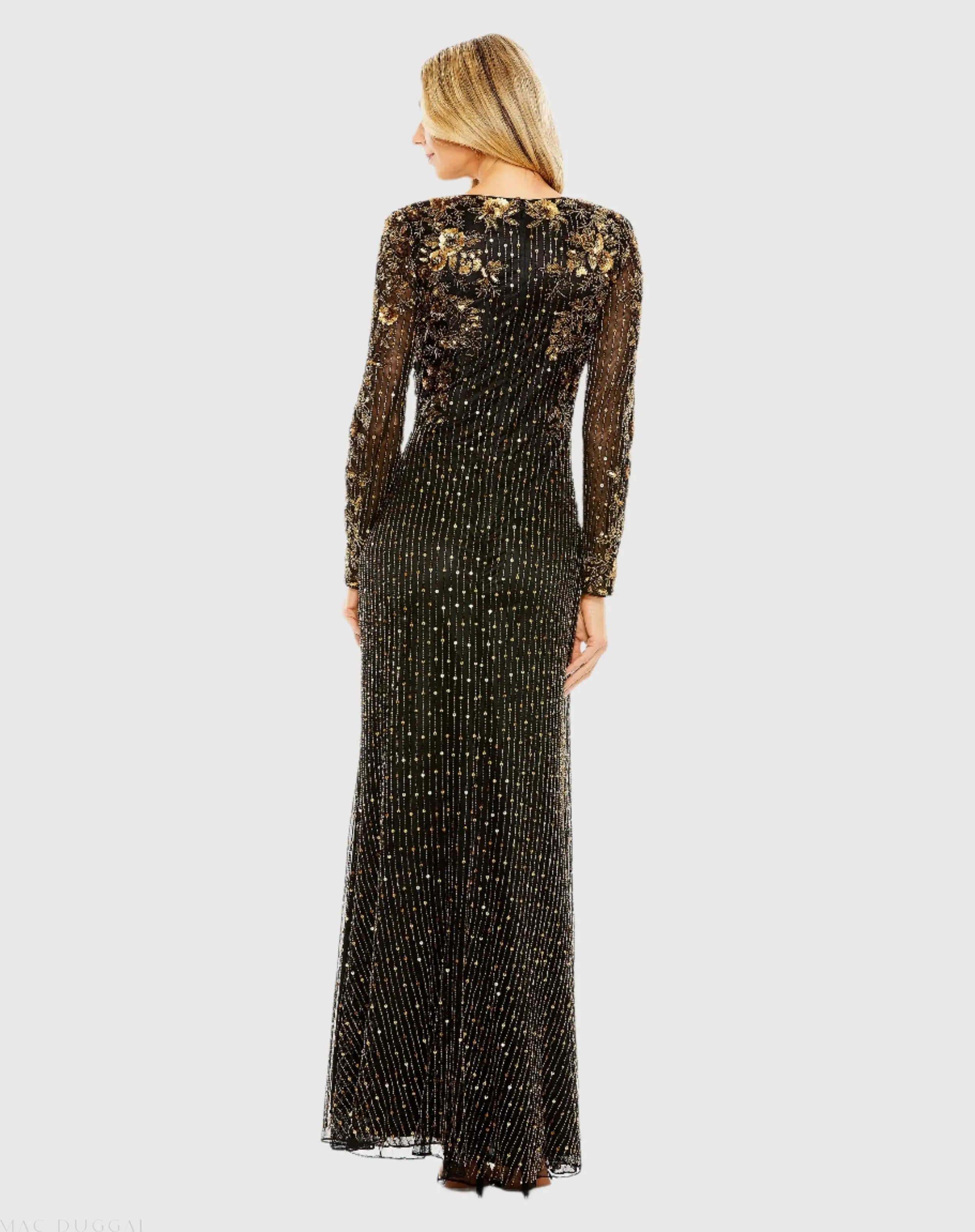 Black High Neck Long Sleeve Embellished Gown-Myartka