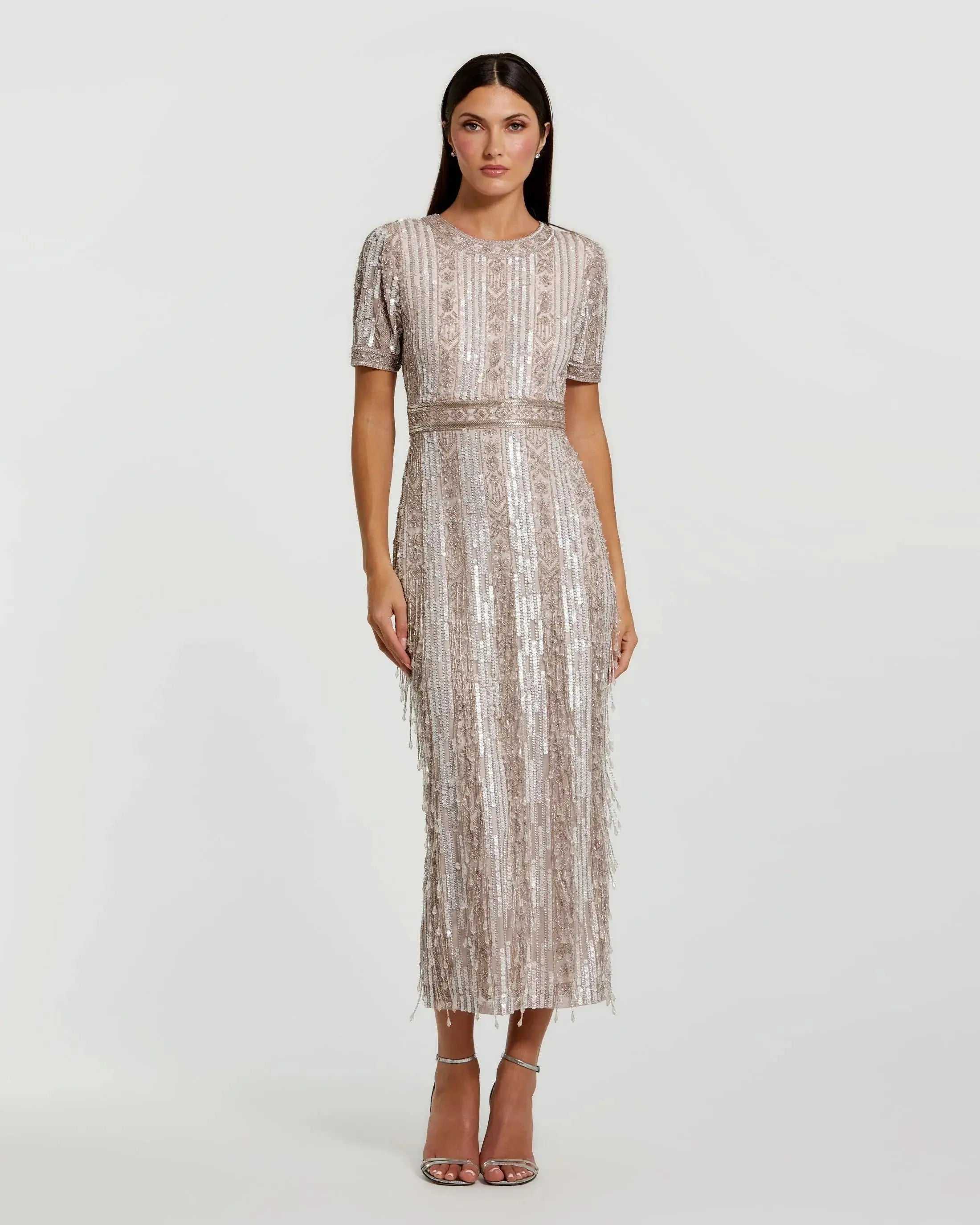 Pink High Neck Short Sleeve Crystal Fringe Sheath Dress-Myartka