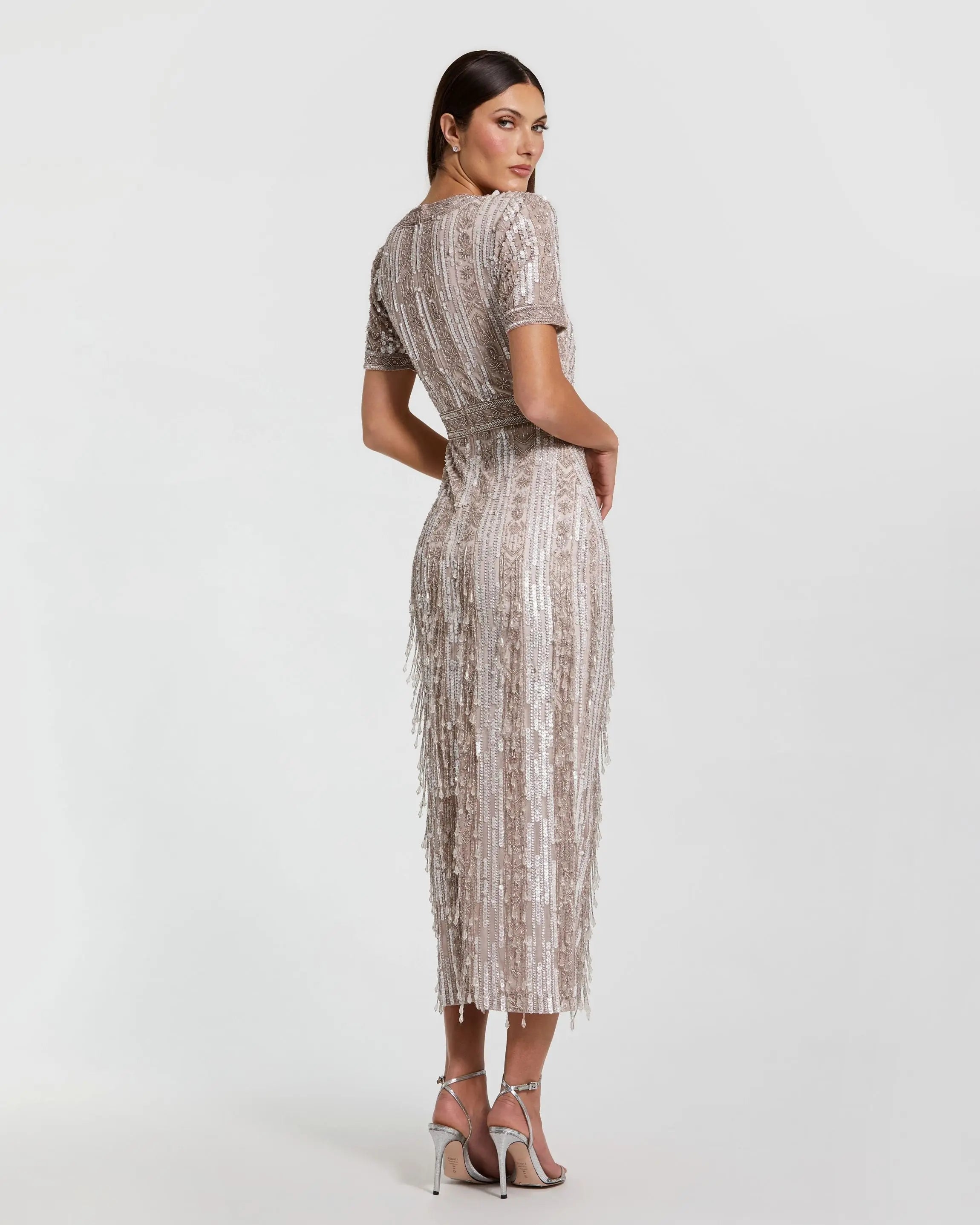 Pink High Neck Short Sleeve Crystal Fringe Sheath Dress-Myartka