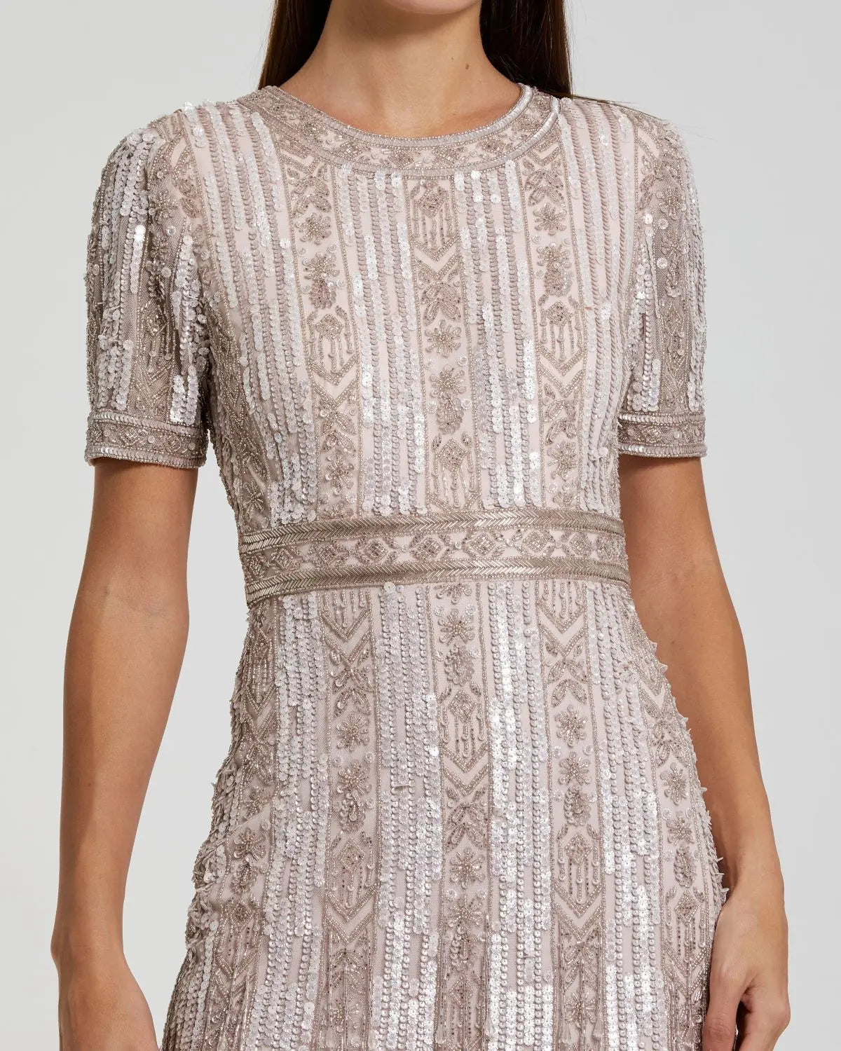 Pink High Neck Short Sleeve Crystal Fringe Sheath Dress-Myartka