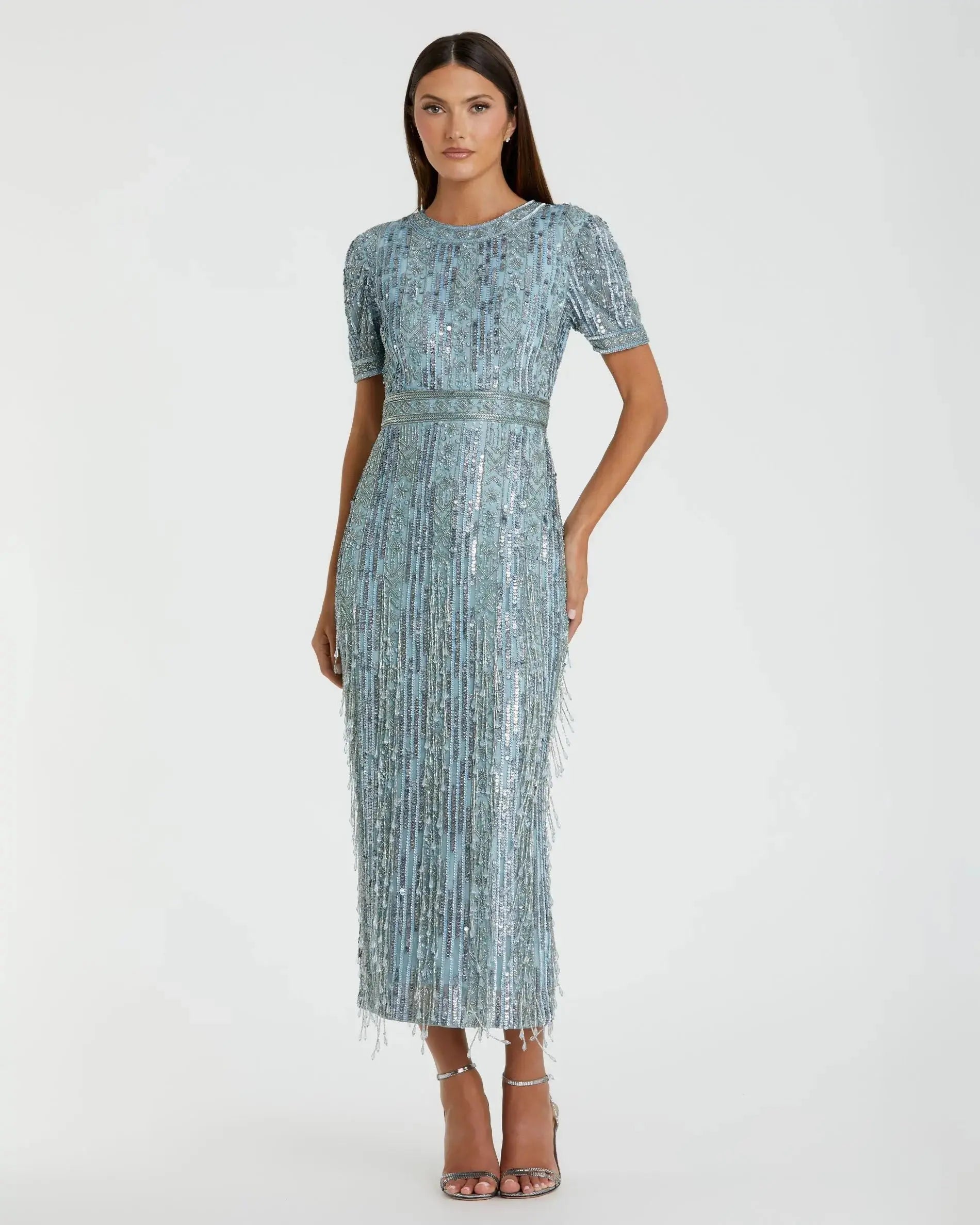 Blue High Neck Short Sleeve Crystal Fringe Sheath Dress-Myartka