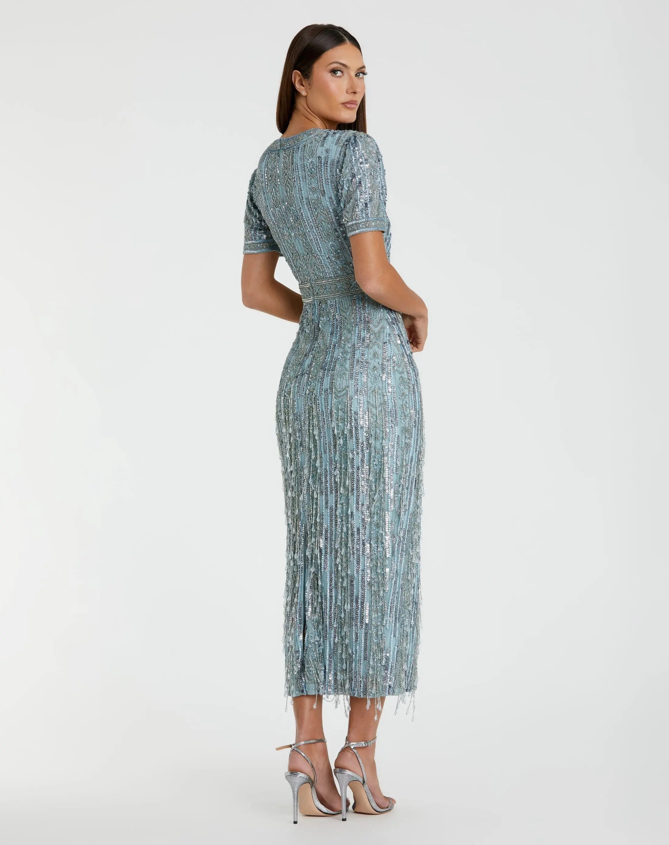 Blue High Neck Short Sleeve Crystal Fringe Sheath Dress-Myartka