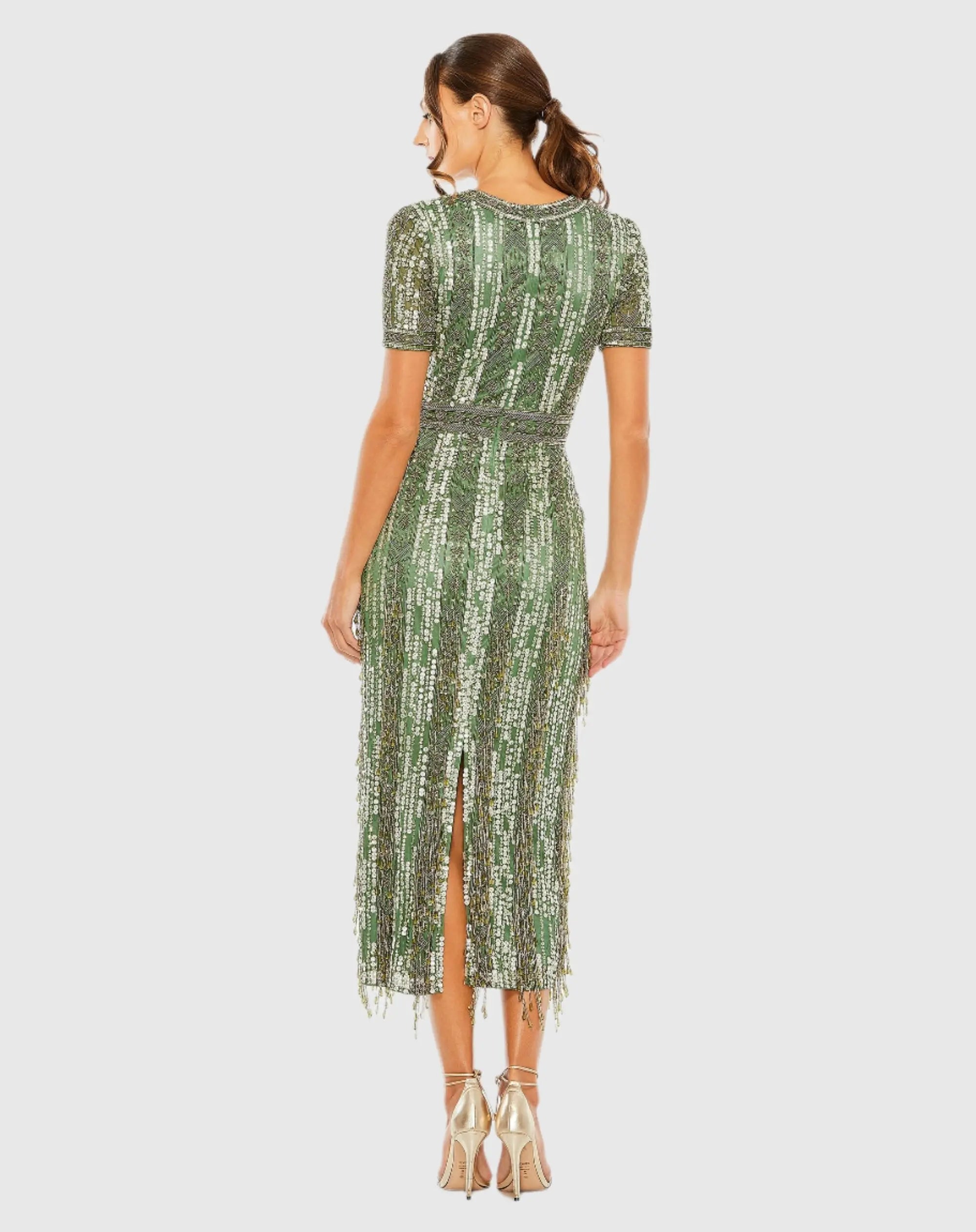 Green High Neck Short Sleeve Crystal Fringe Sheath Dress-Myartka