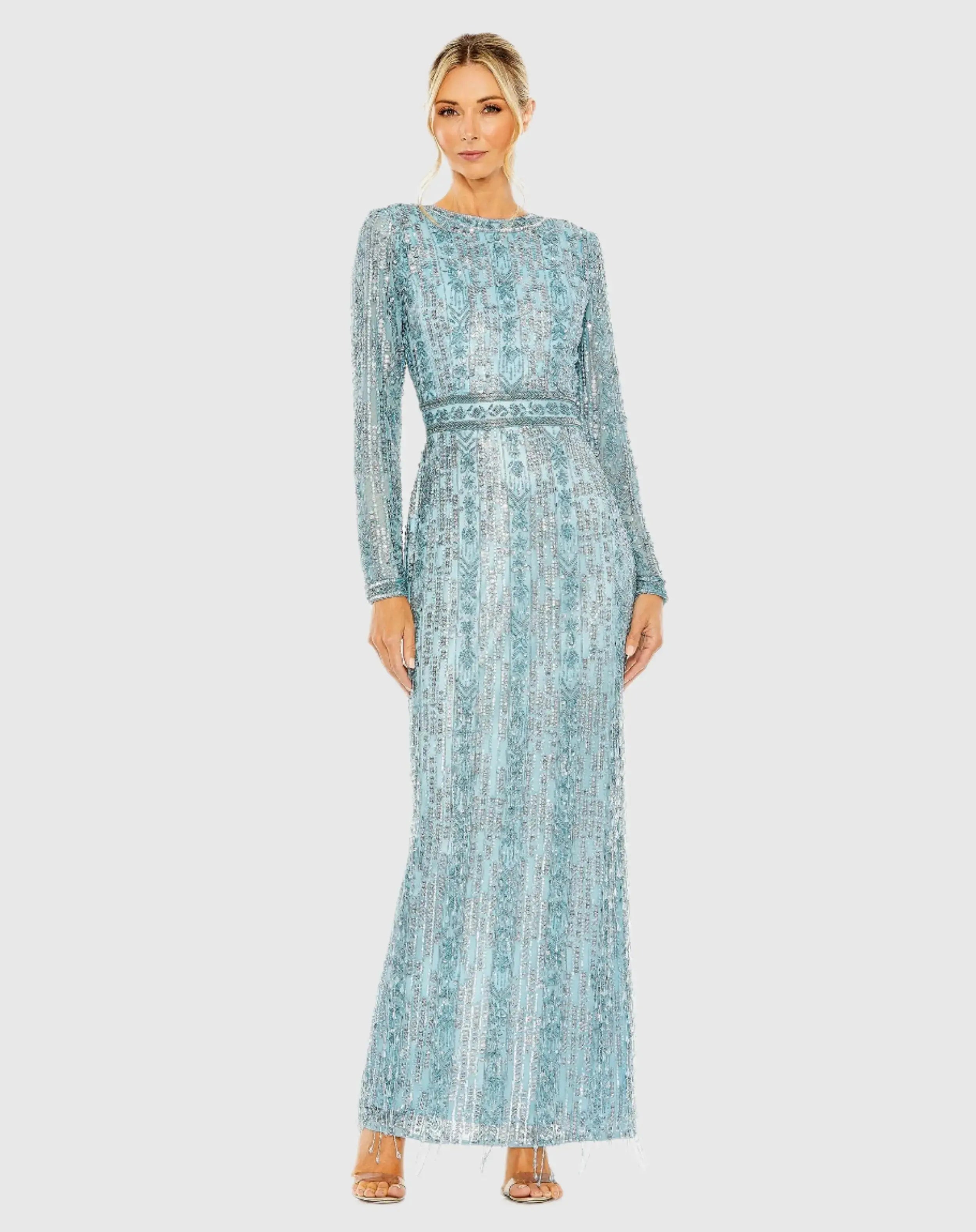 Blue Long Sleeve Beaded Gown with Crystal Fringe-Myartka