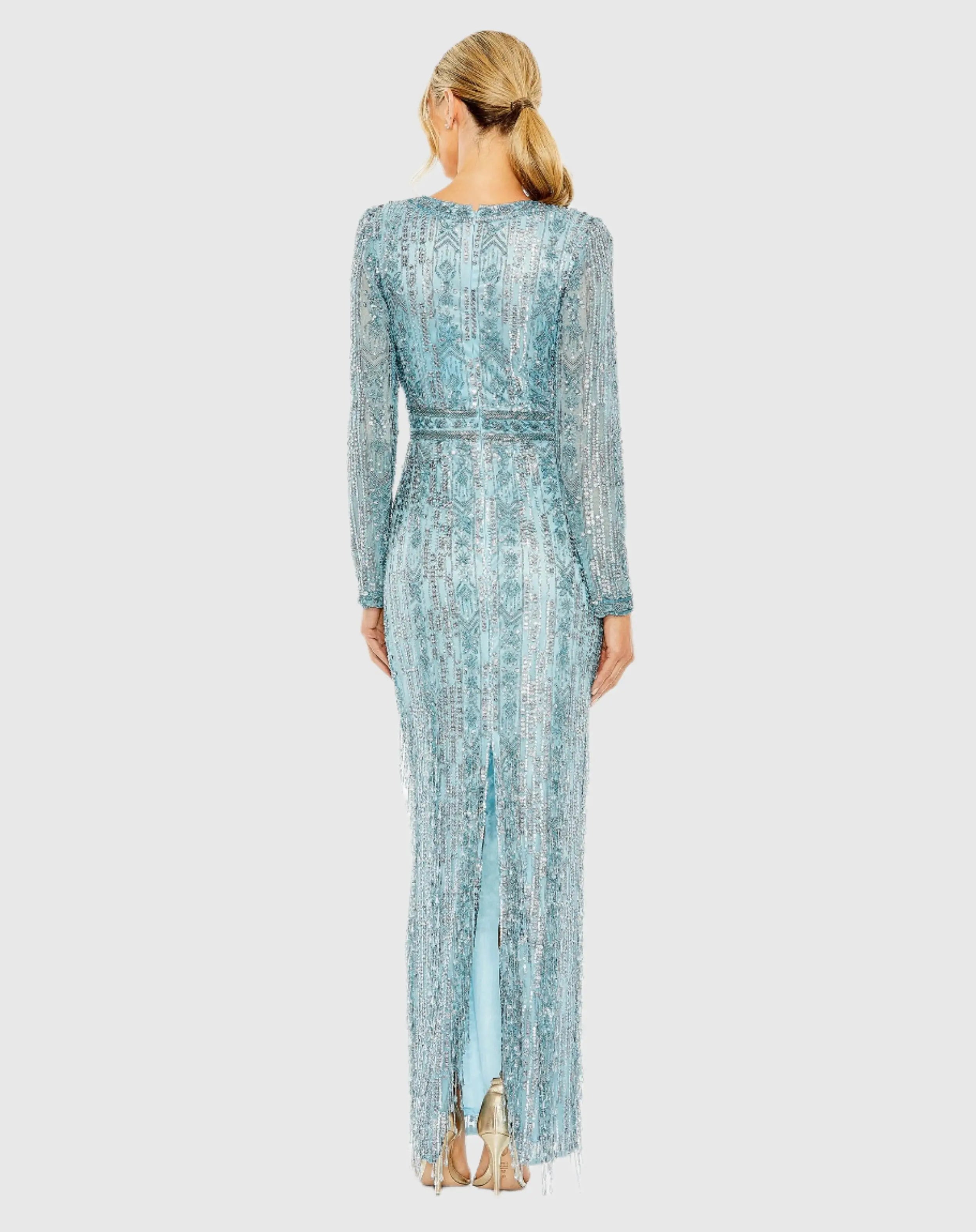 Blue Long Sleeve Beaded Gown with Crystal Fringe-Myartka