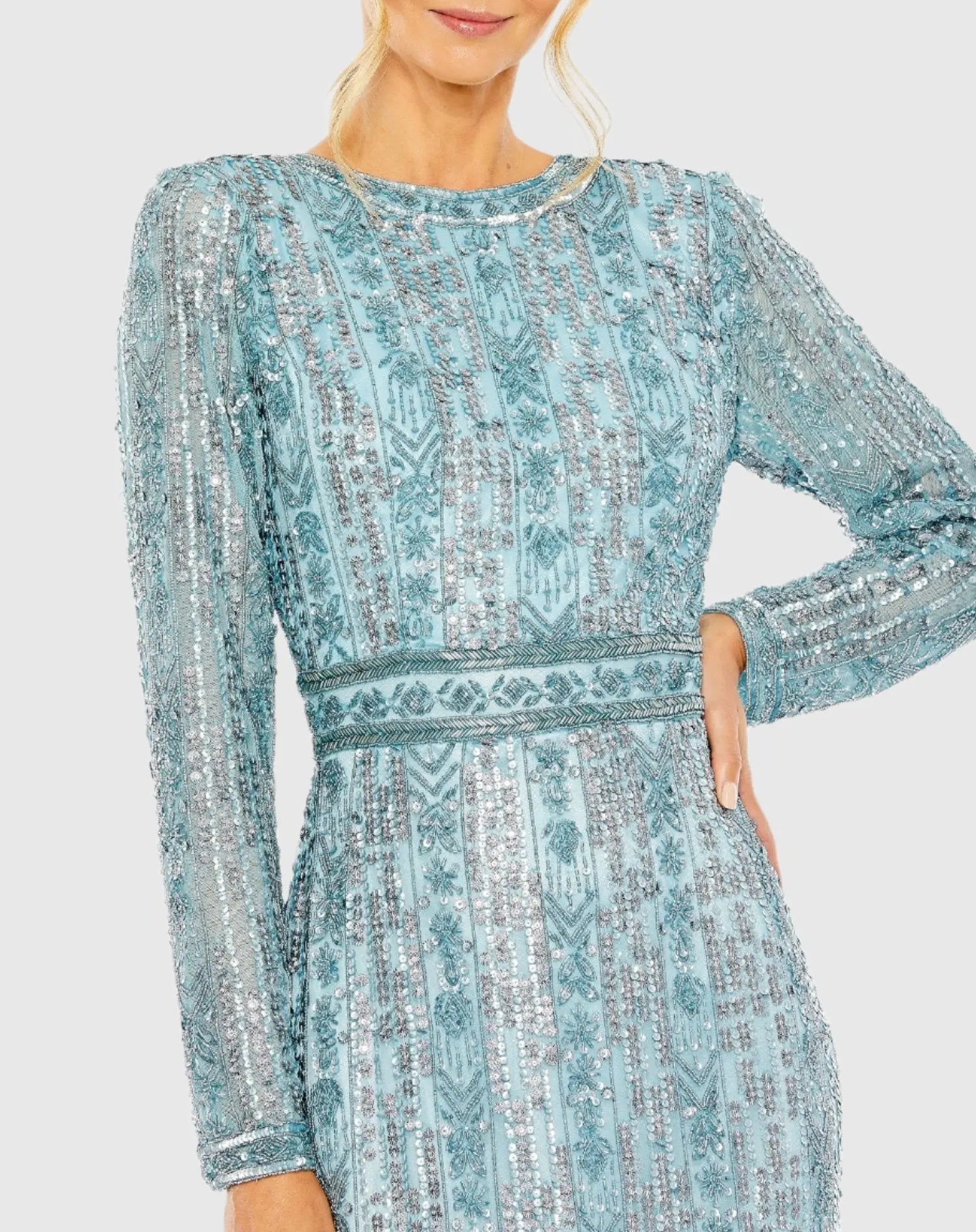 Blue Long Sleeve Beaded Gown with Crystal Fringe-Myartka