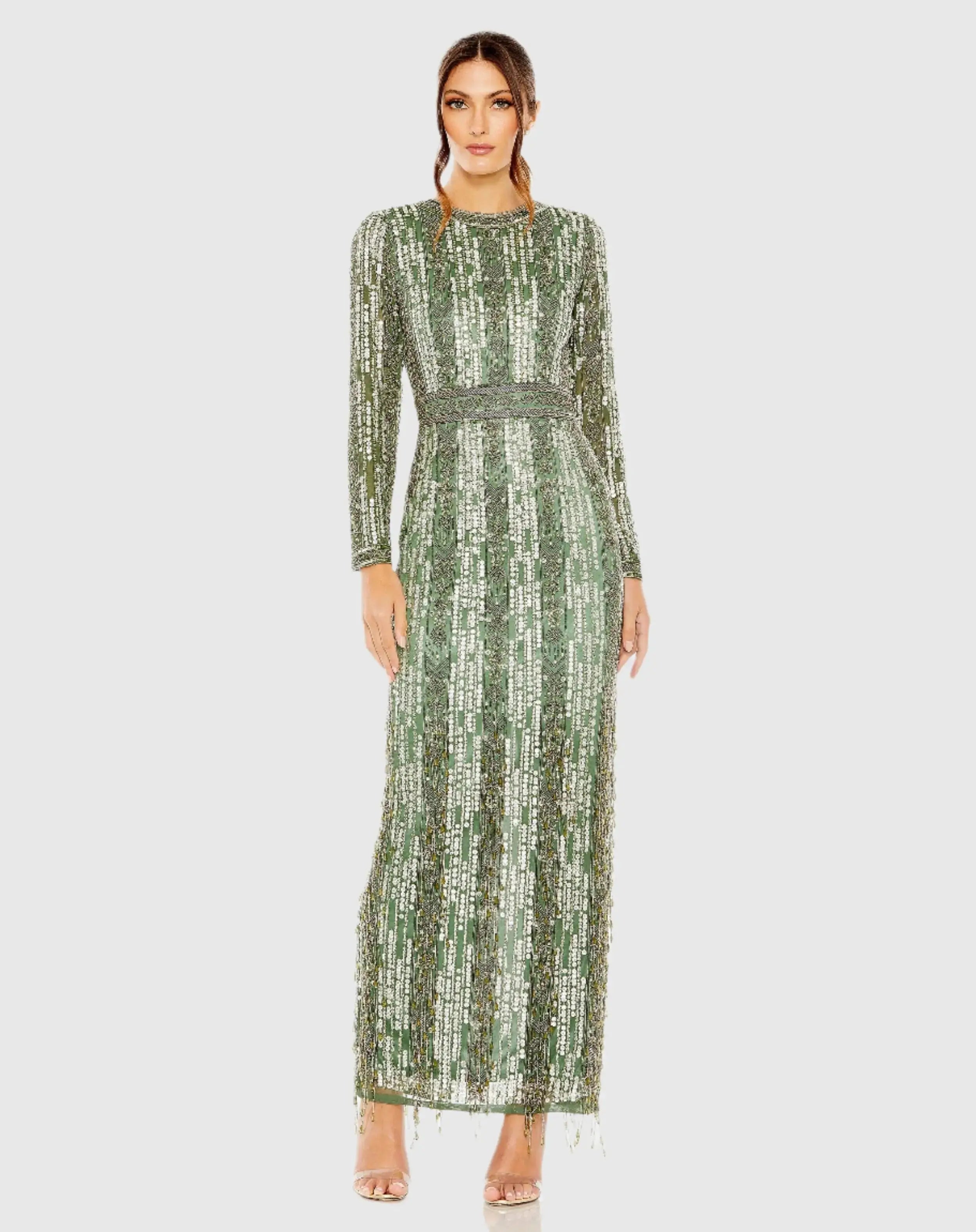 Green Long Sleeve Beaded Gown with Crystal Fringe-Myartka